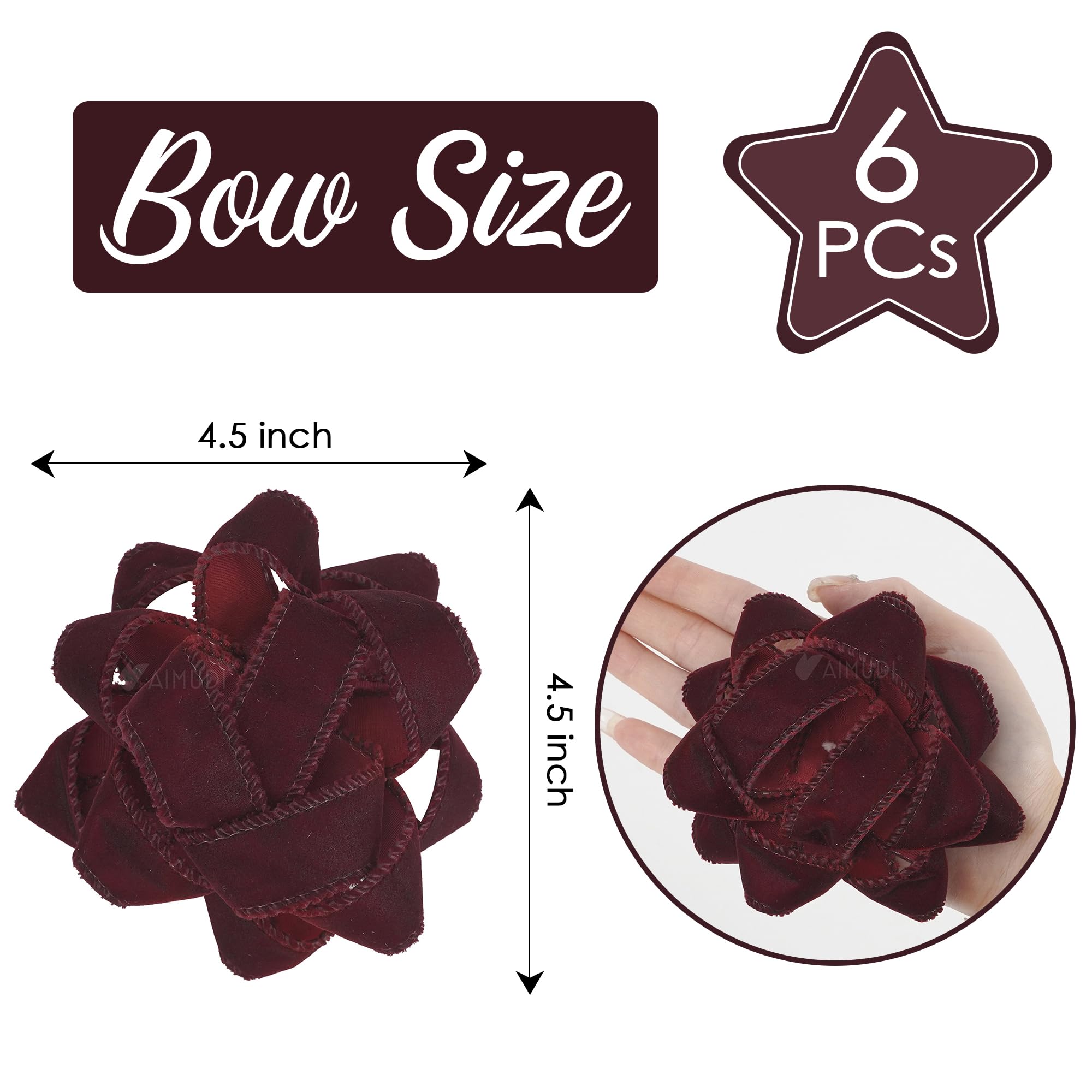 AIMUDI Geschenkschleifen aus Samt mit Draht, 11,4 cm, Weihnachtsschleifen für Geschenkverpackungen, selbstklebende Geschenkpapierschleifen für Party, Urlaub, Weihnachtsdekoration, 6 Stück
