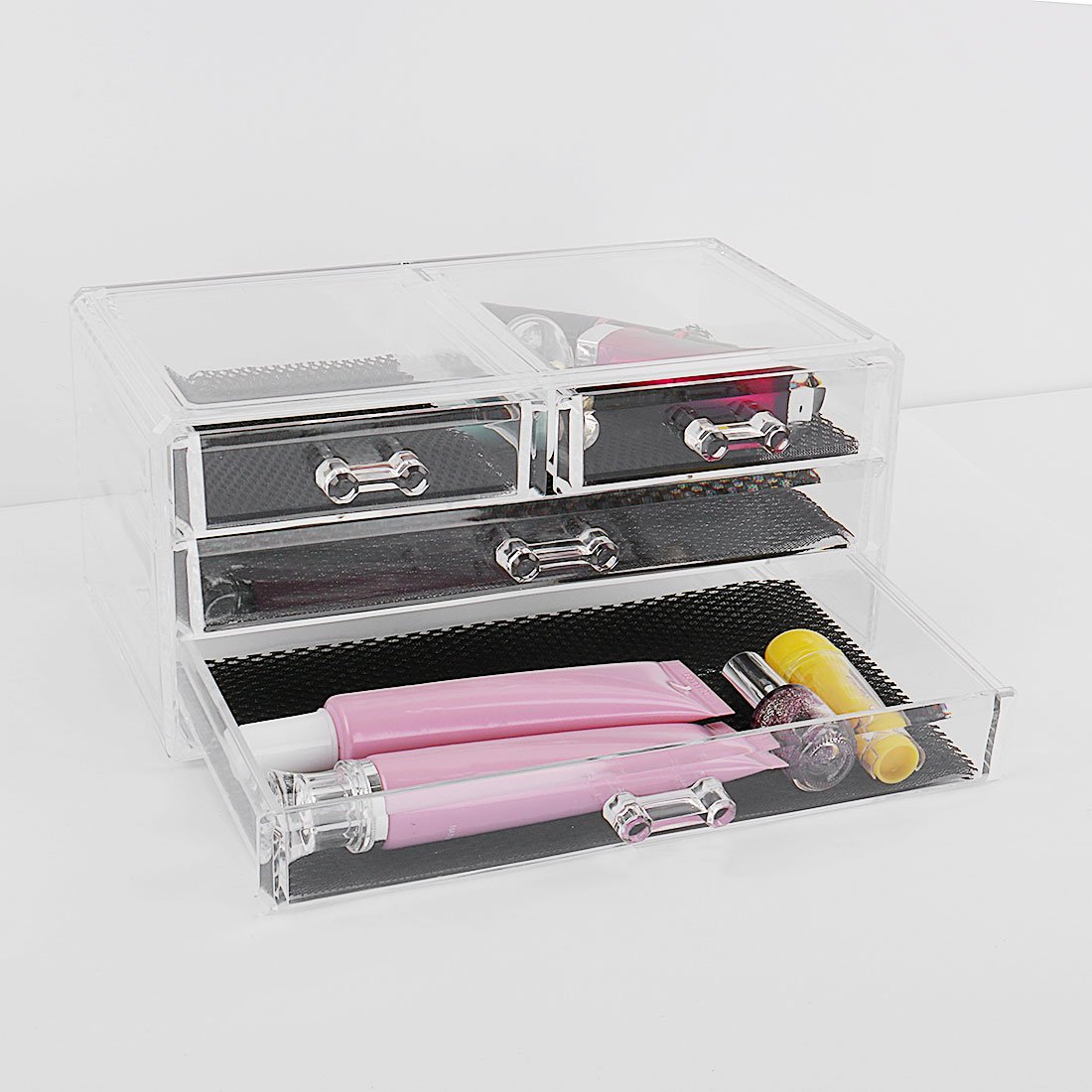 Ruilogod Organizador de cosméticos acrílico transparente para maquillaje, delineador de pintalabios, soporte para brochas y joyas, caja expositora, cajones (estilo 15)