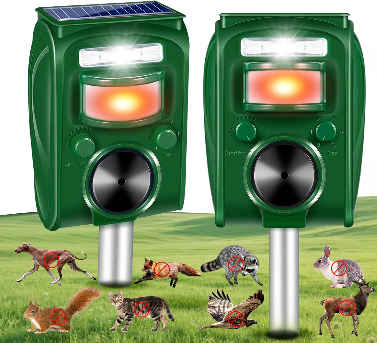 2026 Upgraded Ultrasonic Solar Animal Repellent Outdoor Cat Deterrent Deer Repellent Devices Squirrel Skunk Raccoon Rabbit Dog Deterrent with Motion Activated Strobe Light for Yard Garden Lawn,2 Pack