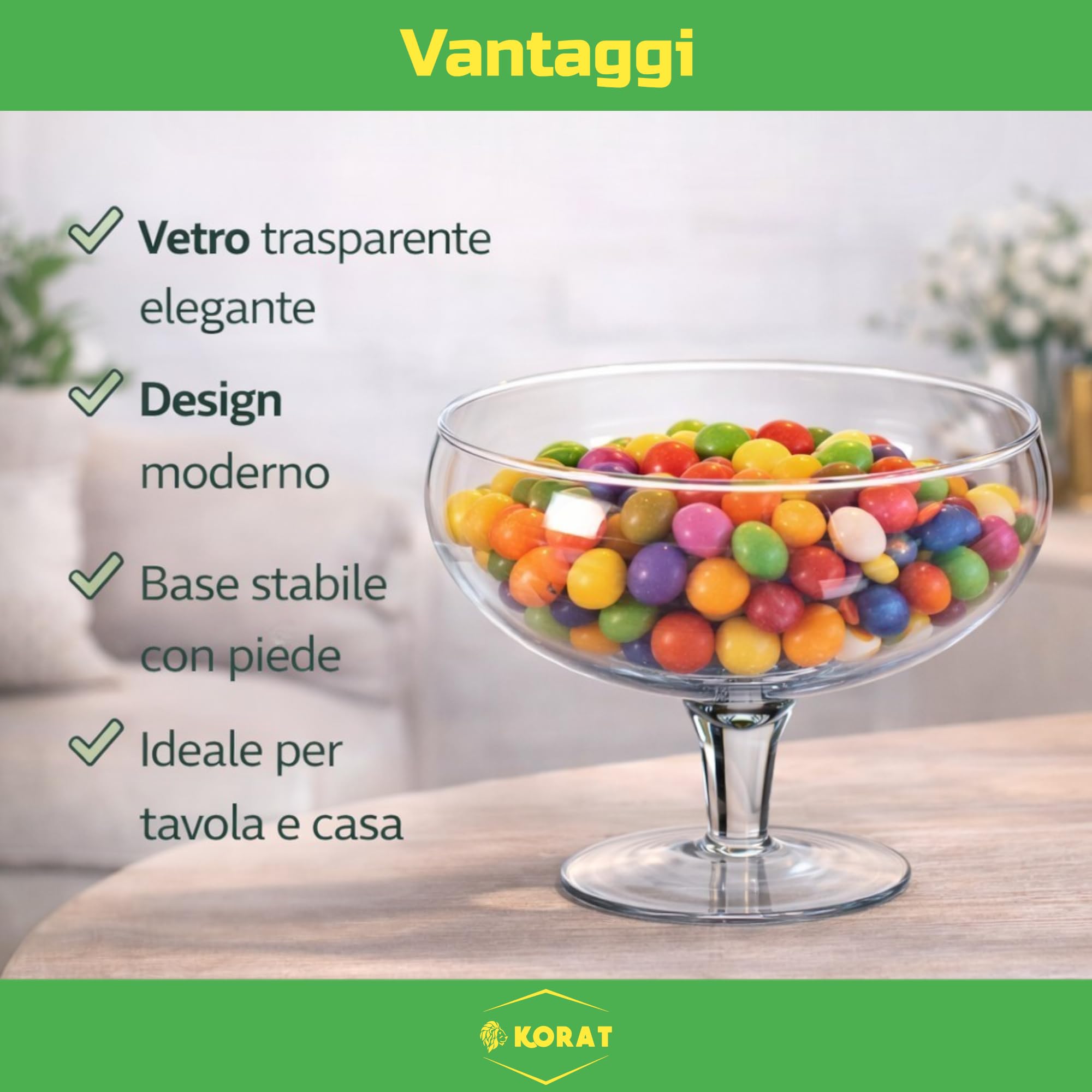 KORAT - Centrotavola in Vetro con Piede – Coppa Decorativa Trasparente per Frutta, Dolci, Confetti e Decorazioni – Alzata Elegante per Tavolo e Casa – Design Moderno 27 x 27 x 18 cm