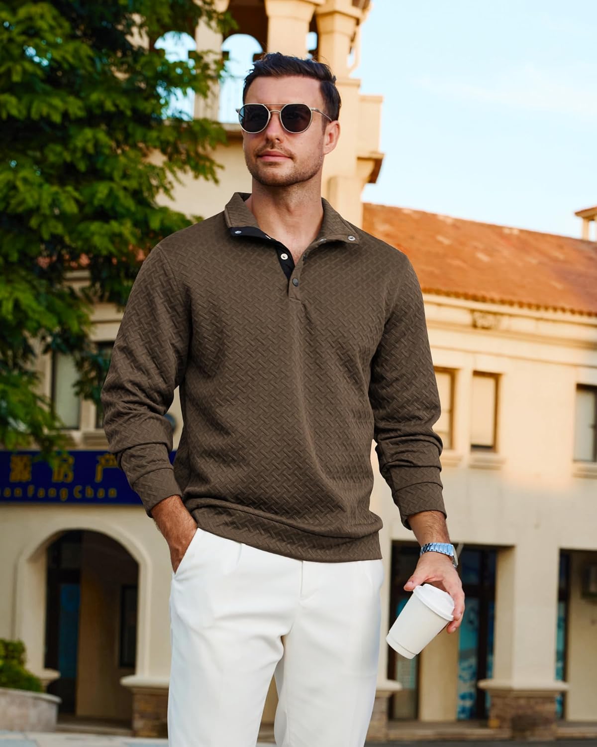 Lexiart Mens Fashion Quilted Long Sleeve Sweatshirts Thermal Stand Collar Quarter Button Up Pullover Sweatshirt - Image 4