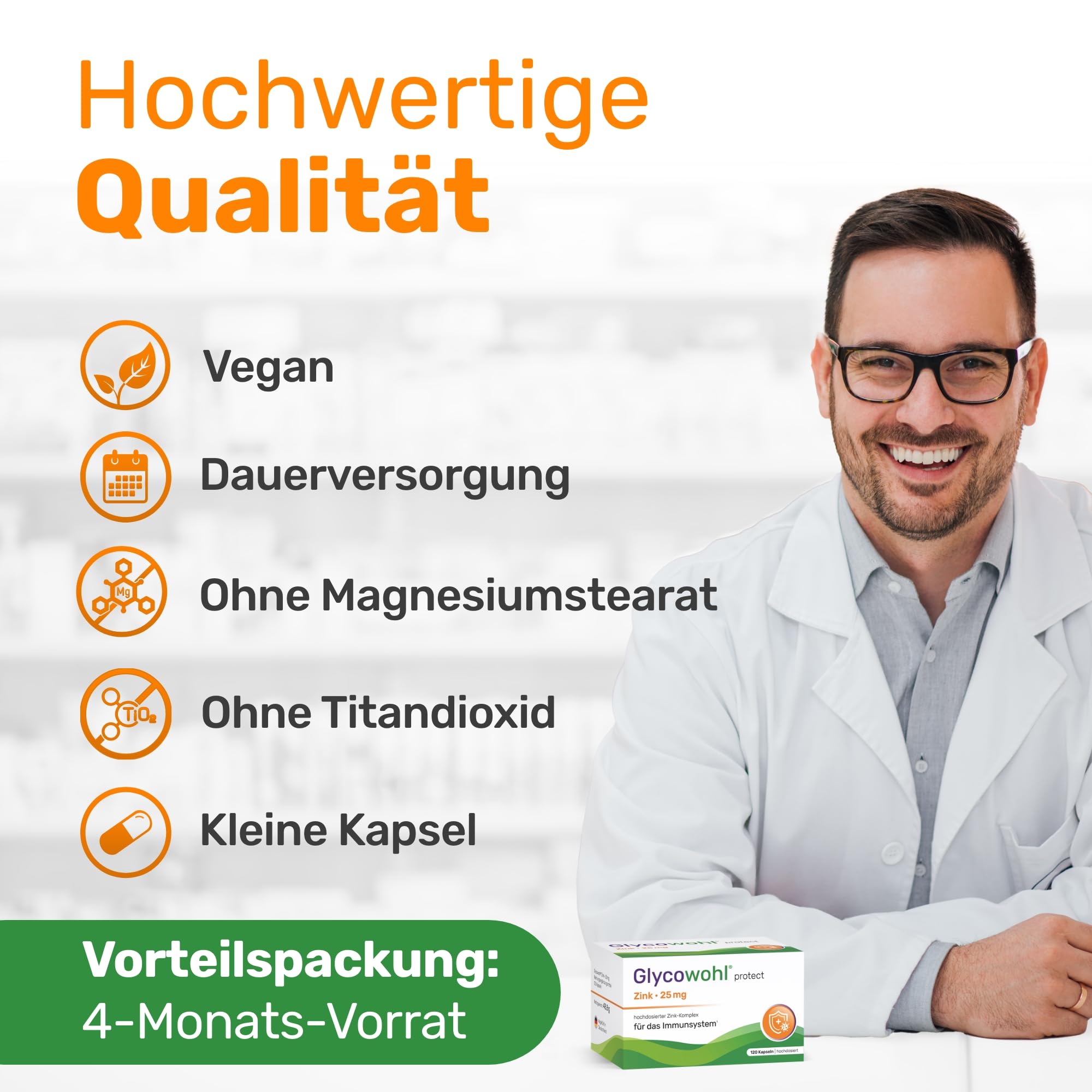Glycowohl Zink Komplex 25 mg – 3 Zinkformen – 120 Kapseln | 10 mg Bisglycinat, 10 mg Citrat & 5 mg Picolinat (= 25 mg Zink) · Für die Dauerversorgung · Nur 1 Kapsel täglich