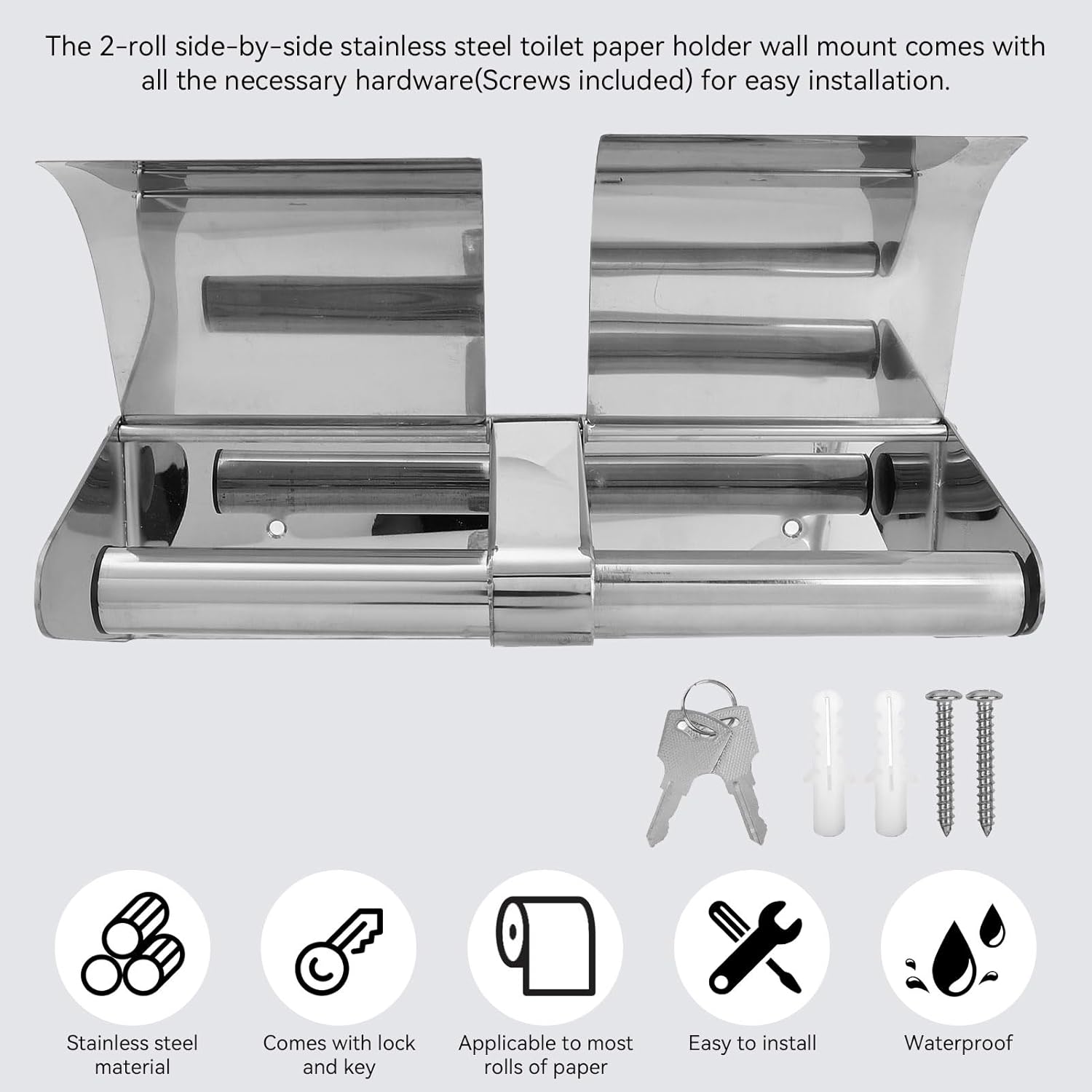 Double Toilet Paper Holder, Stainless Steel Commercial Tissue Roll Dispenser with Lock and Keys Double Toilet Paper Holder with Shelf