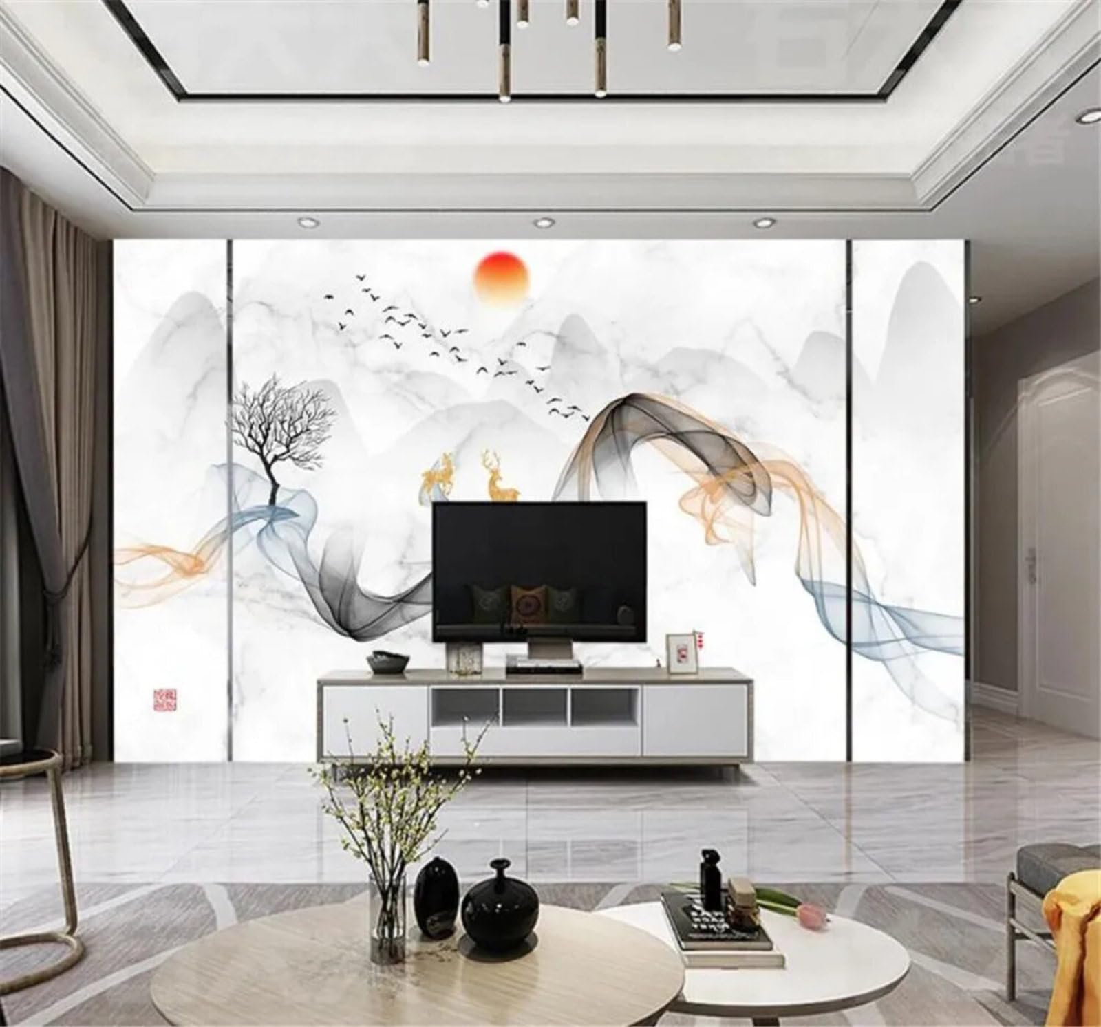 Tzxztt Abstract Ink Wash Landscape Marble Effect Scenery Modern 3D Wallpaper Premium Textured Silk Neutral Tones Material Ideal for Living Room Bedroom-400cm×280cm