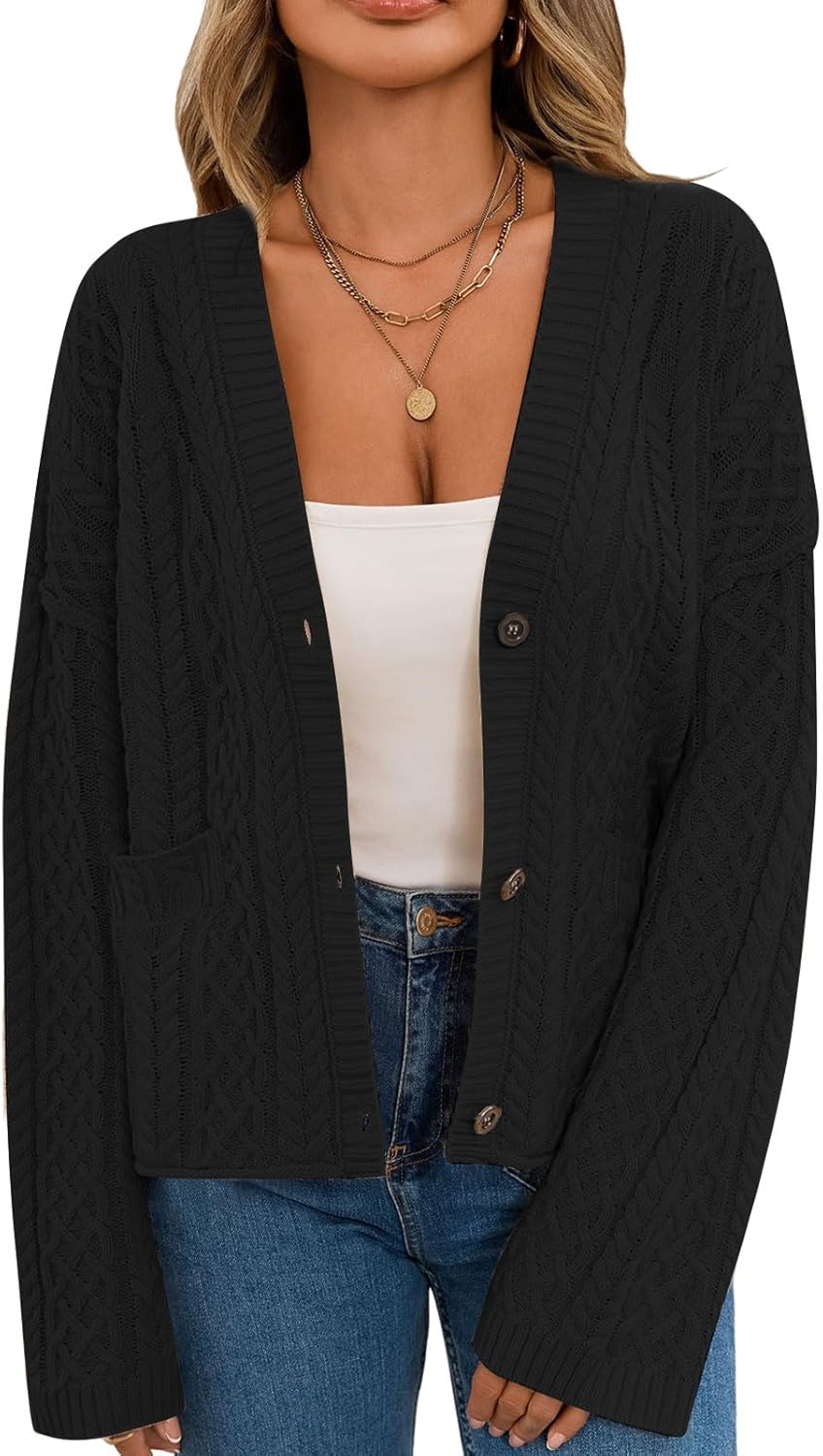 Women's Fall Chunky Knit Open Front Sweaters Long Sleeve Button Cardigan 2025 Loose Short Outerwear Coats - Image 5