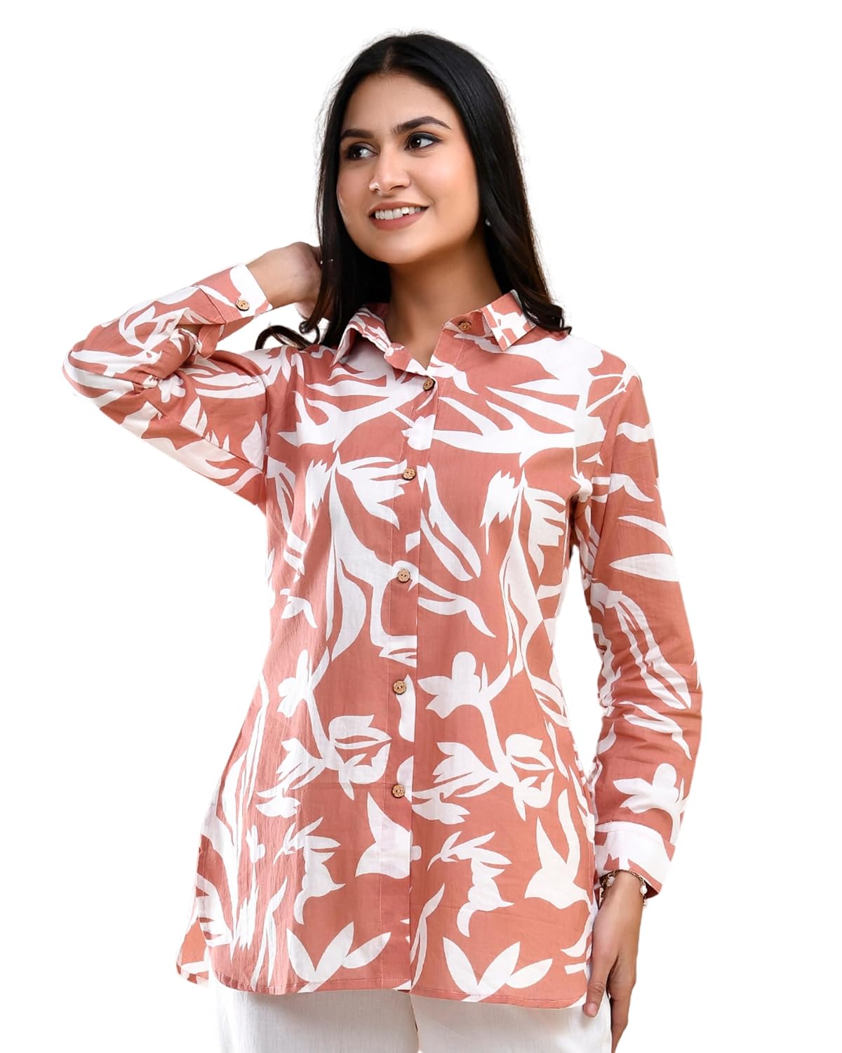 POISED Women’s Floral Abstract Print Cotton Tunic Top – Longline Button Design Kurti Top with Roll-Up Sleeves and Curved Hem | Casual, Office & Fusion Wear
