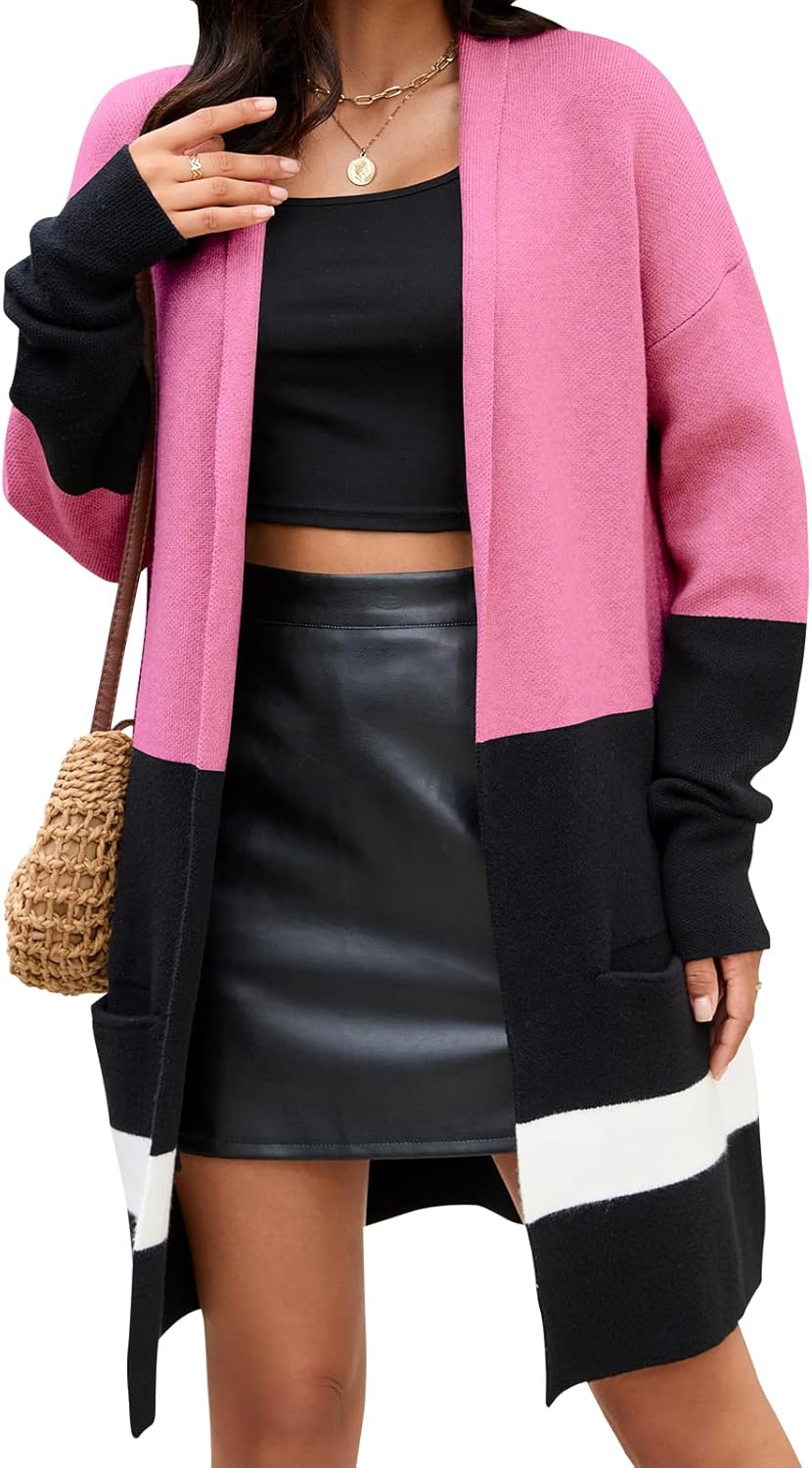 Women's Cable Color Block Knit Cardigan Sweaters Casual Open Front Loose Outerwear Coats with Pockets