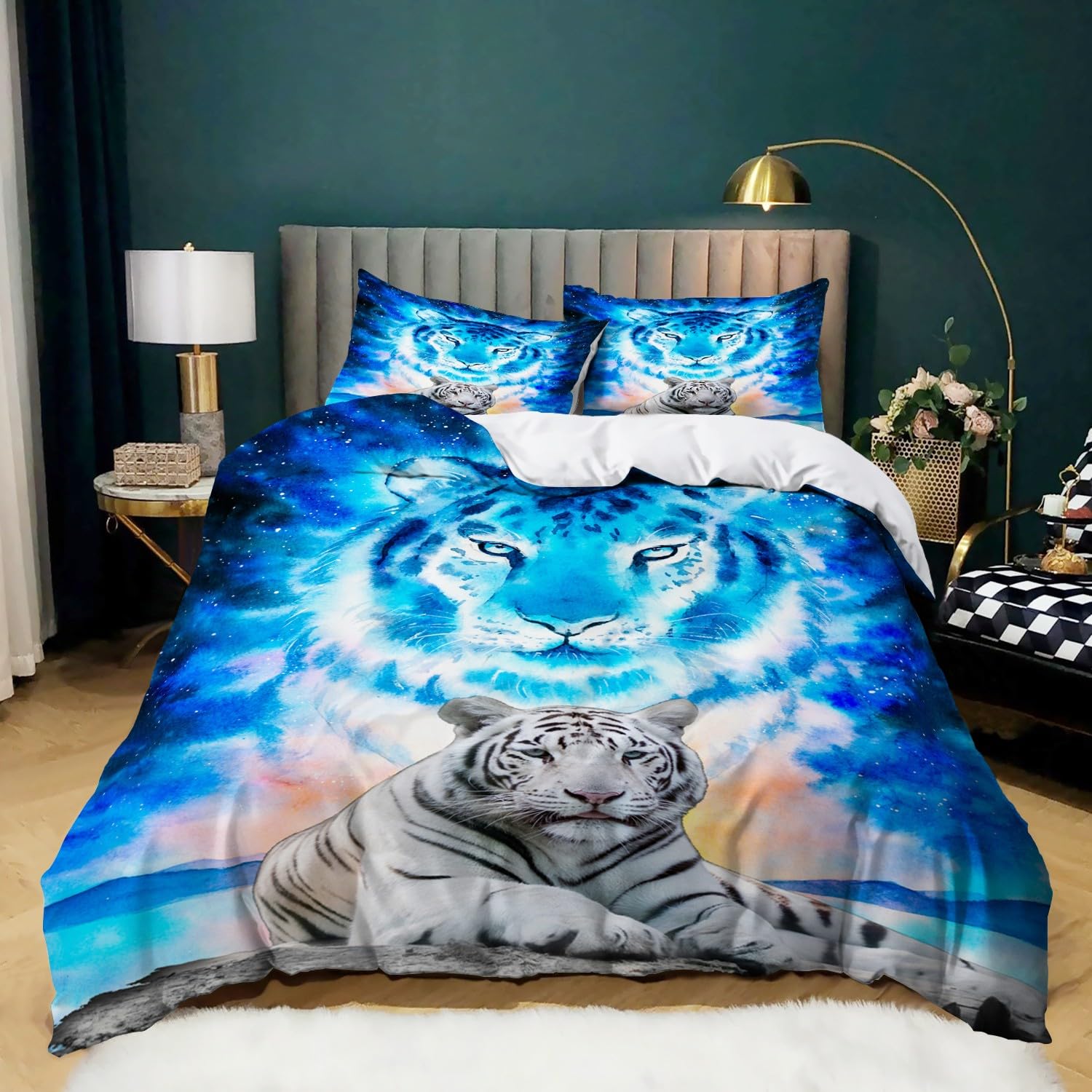 Housse de Couette Tigre Bleu 240x260 cm Parure Fine Facile à Laver sans Repassage