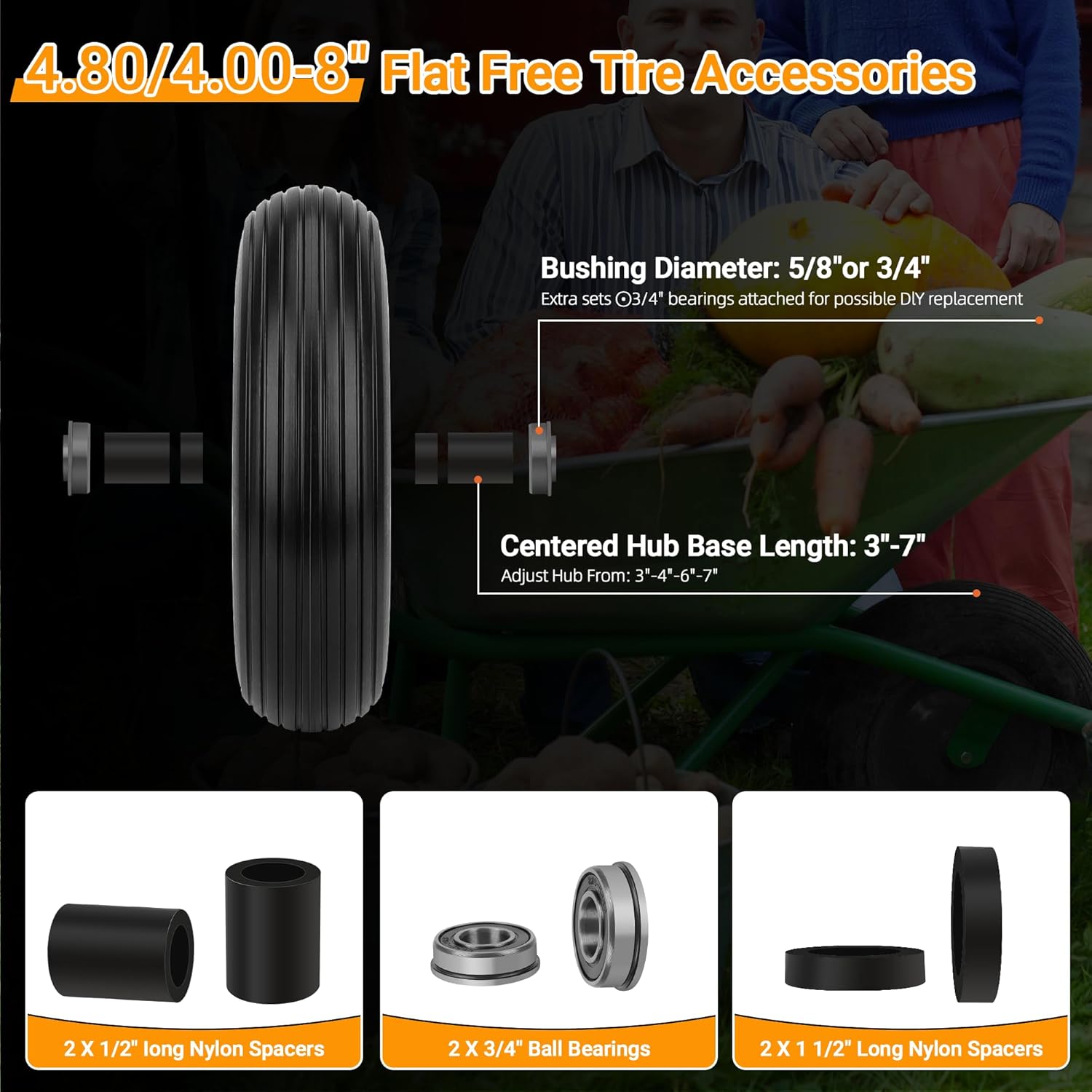 Upgrade 13Inch Wheelbarrow Tires 4.00-6 Flat Free Tire And Wheel - 1Pack &4.80/4.00-8 Flat Free Wheelbarrow Tire for Garden Cart Ribbed Tread Foamed Polyurethane Tire by NISHCON 2 Pack