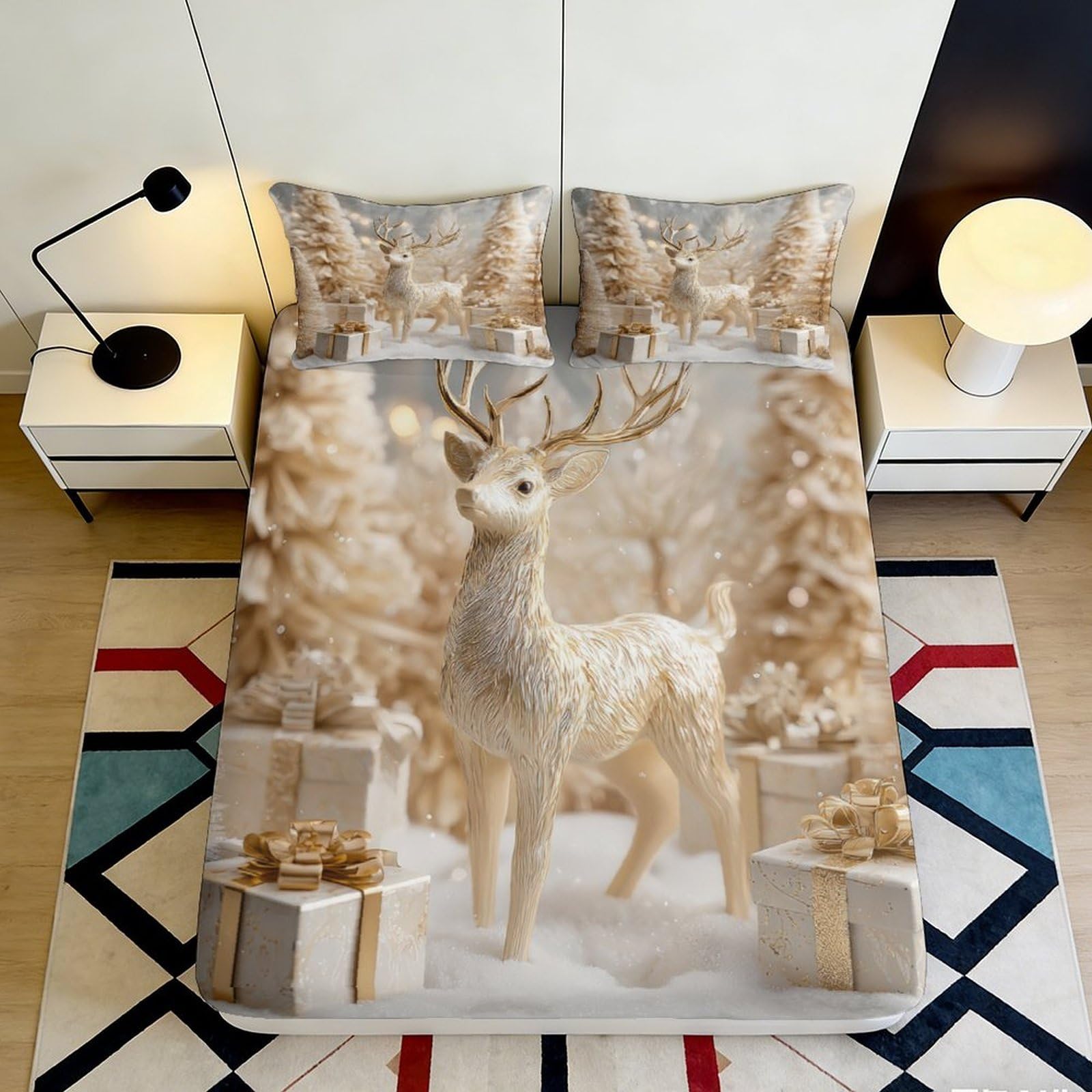 Pnayamiorkfel Style-6 3D Printed Golden Reindeer Fitted Sheet Microfiber Soft Snowy Forest Mattress Cover For Bedroom Guest Room Holiday Decor 90X200x25cm