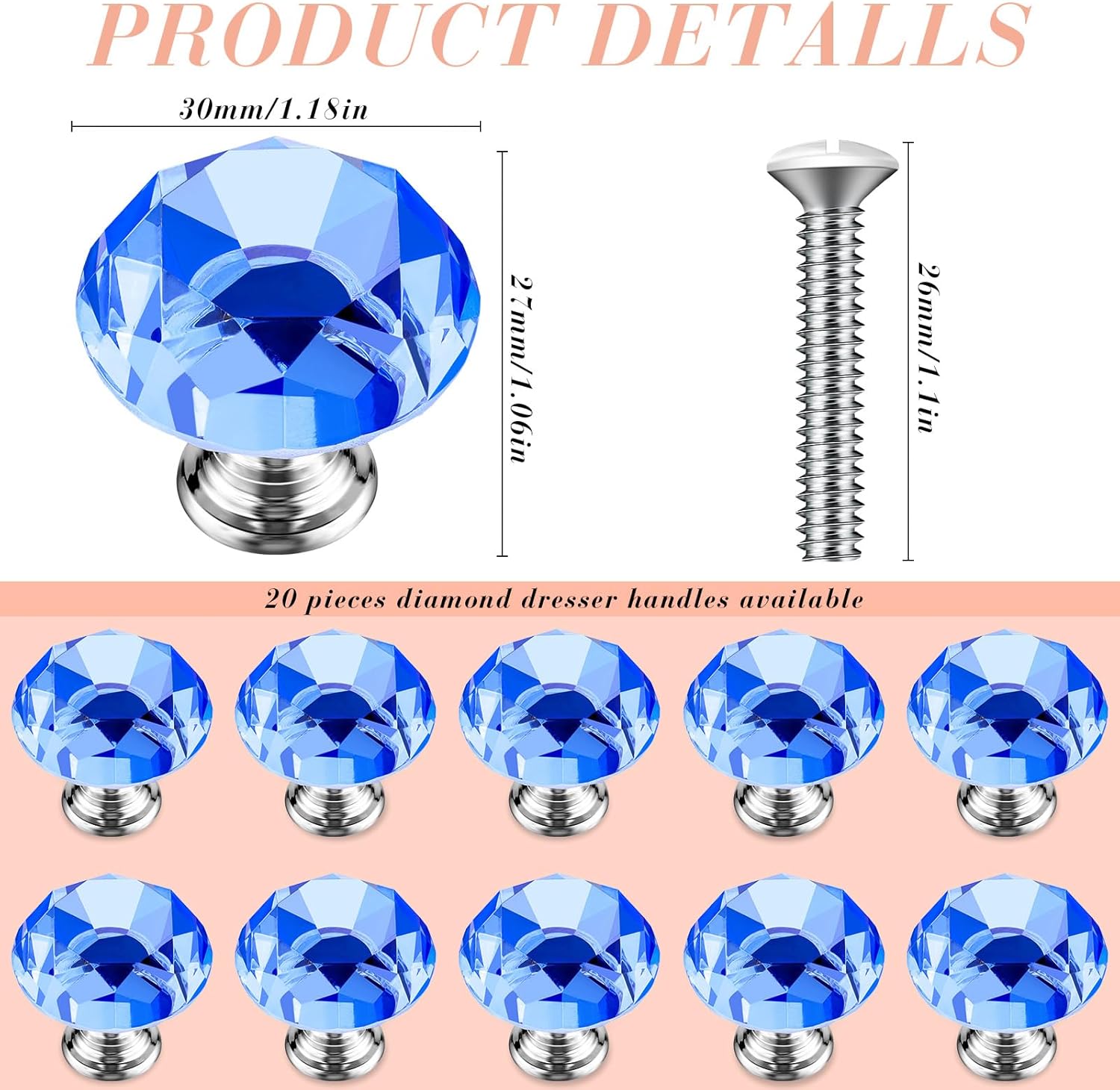 Jetec 20 Pcs Crystal Drawer Pulls Cabinet Knobs 30mm Diamond Dresser Knobs for Dresser Drawers Kitchen Bookcase Wardrobe(Blue,Classic Style)