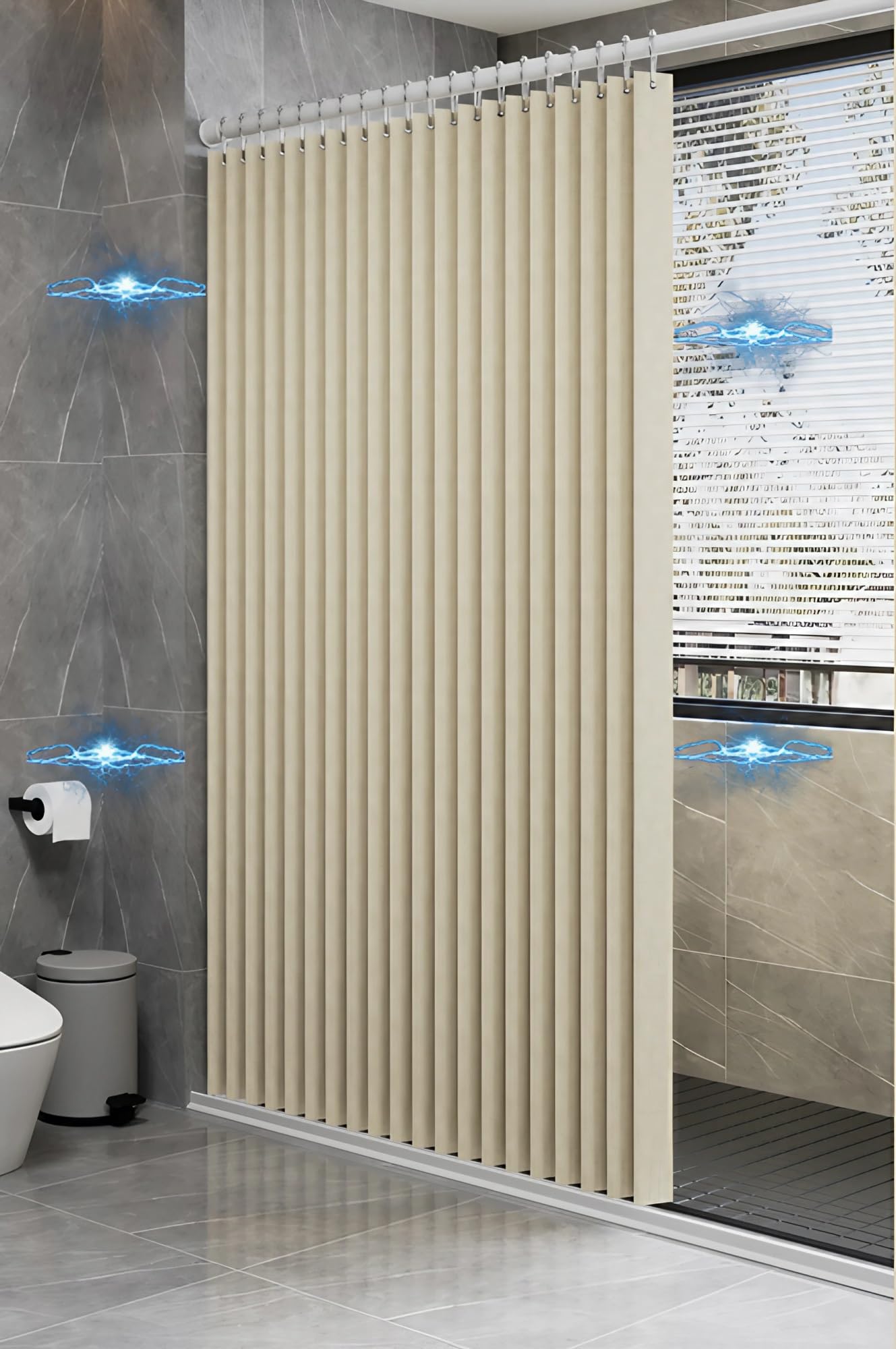 Rideau de Douche Imperméable Magnétique avec Œillets et Sangle, Polyester Rideaux pour Chambre Salon Salle de Bain - Rideau Occultant(Beige,180 x 200 cm)