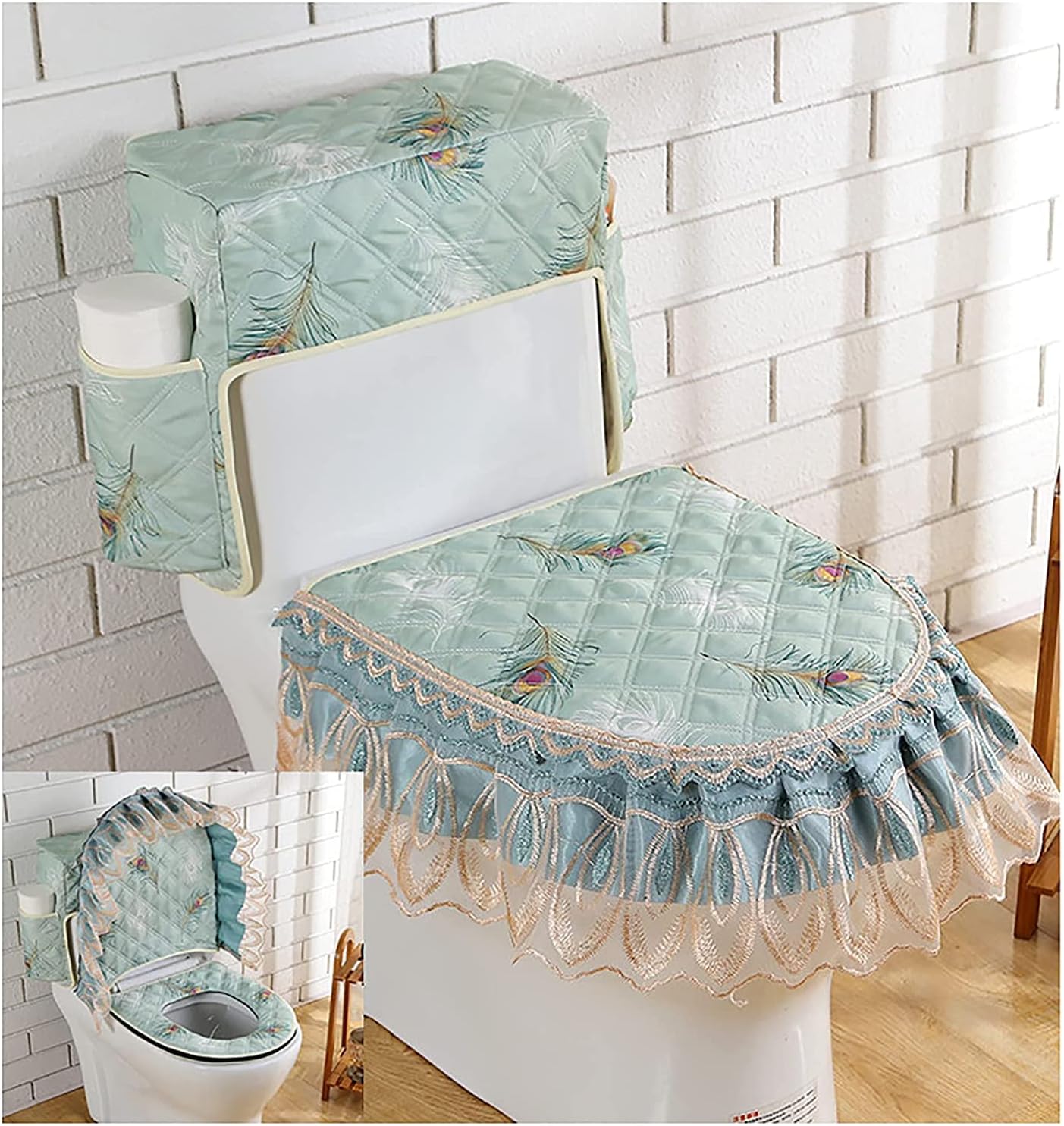 MOSHUO Lace Toilet seat Cushion Three-Piece Zipper Toilet seat U-Shaped Toilet seat Cushion Suitable for Home Toilet Office Water Tank Cover +Toilet Cover +Toilet seat (Color : K)