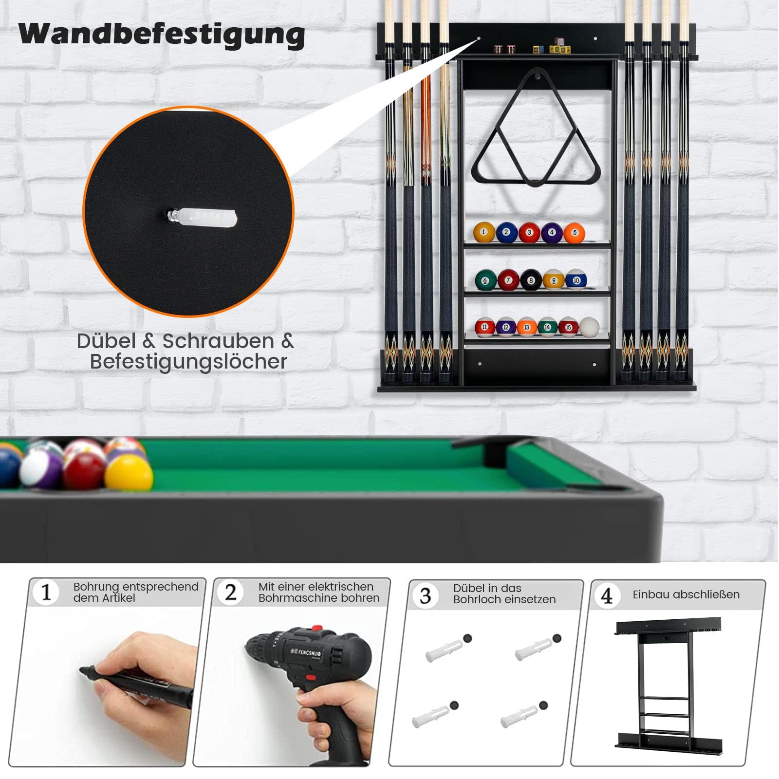 FANTASK Billard Queue Halter für 8 Queues & Billardzubehör, Billardständer Wandmontage, 3-stufig Billardqueueständer für Bars Clubs Spielzimmer (Schwarz)