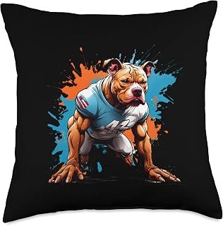 Muscular American Football Pitbull Dog Makes Tackle Throw Pillow