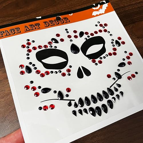 Miniatura 7 de Paquete de 6 joyas de calavera para la cara, Día de la Muerte, Halloween, tatuajes faciales temporales, joyería facial falsa