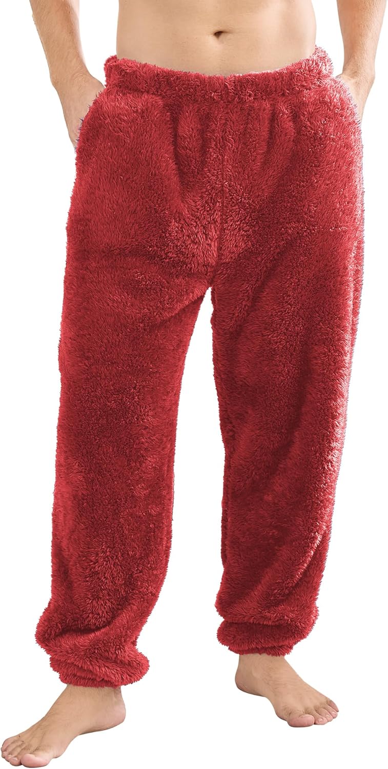 Mens Fleece Pajama Pants, Winter Warm Fuzzy Lounge Bottoms Long Soft Plush Fluffy Pj Pants with Pockets