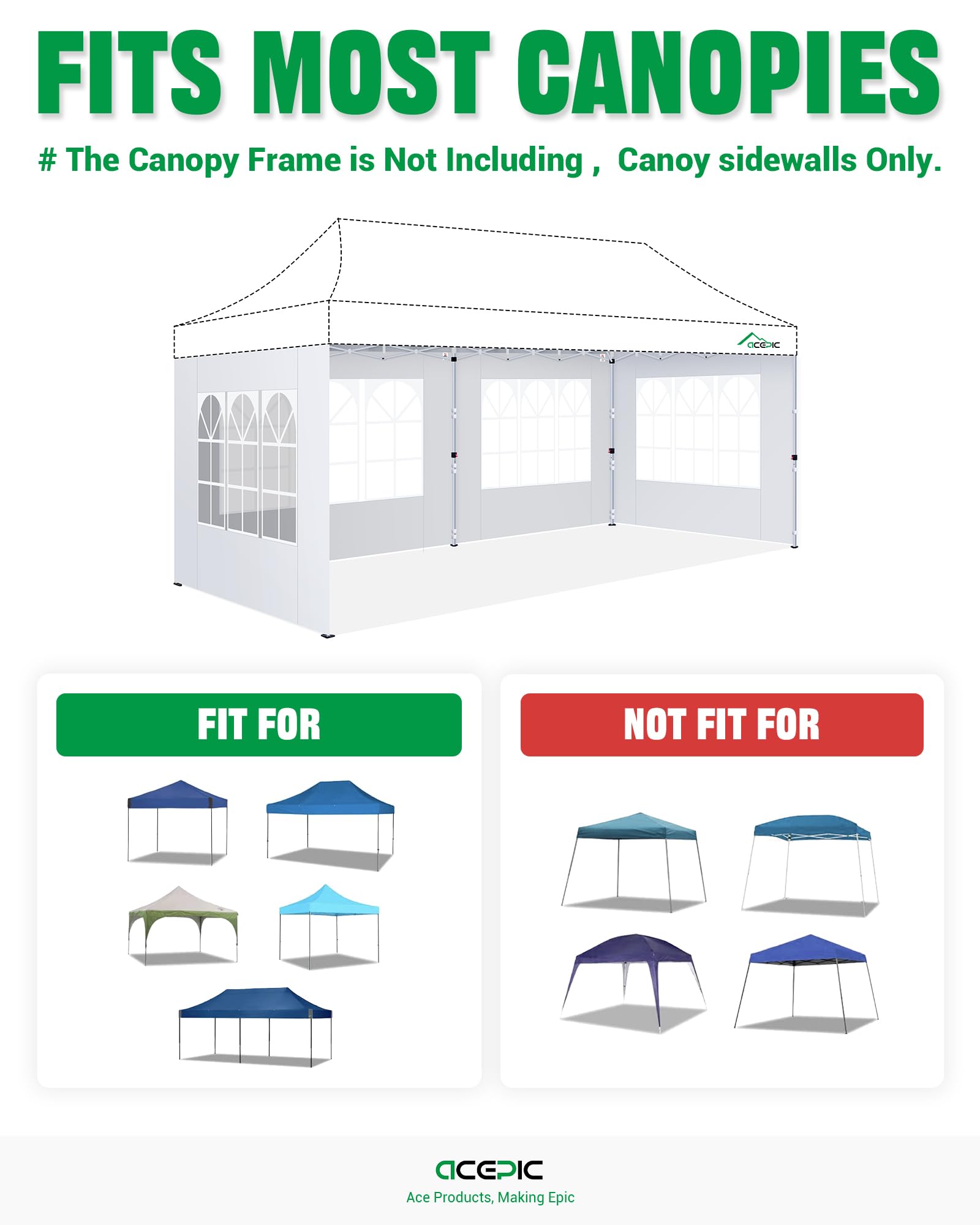 Acepic Lot de 4 panneaux latéraux de tonnelle avec fenêtre et fermeture auto-agrippante pour tonnelle de 3 x 6 m, comme protection contre le vent et brise-vue pour tente de fête, imperméables (blanc