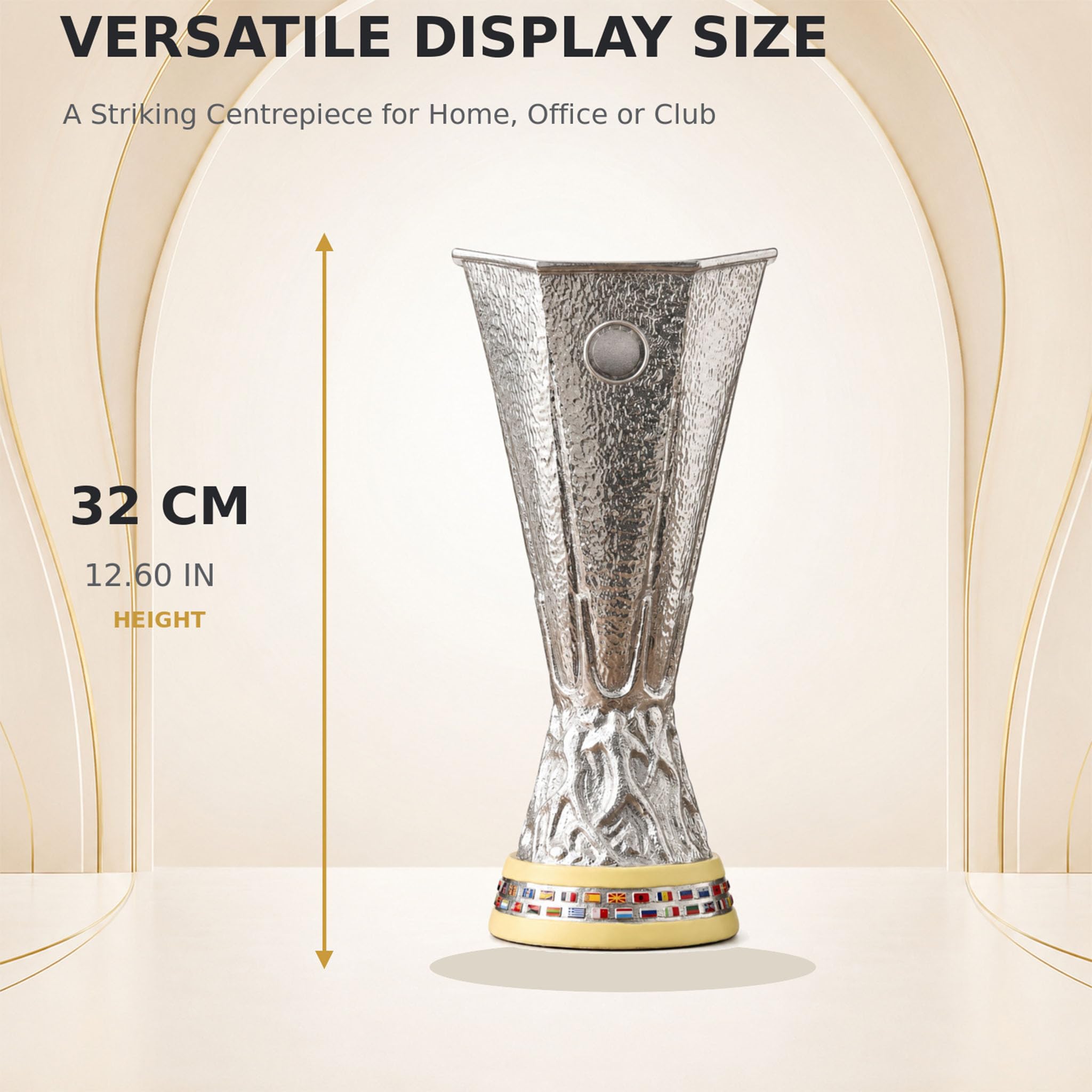 Replika der Europa Fußball League Champions Trophy in Originalgröße | Versilberter Siegerpokal aus Resin, Sammlerstück und stilvolle Bürodekoration, perfektes Geschenk für Fußballfans