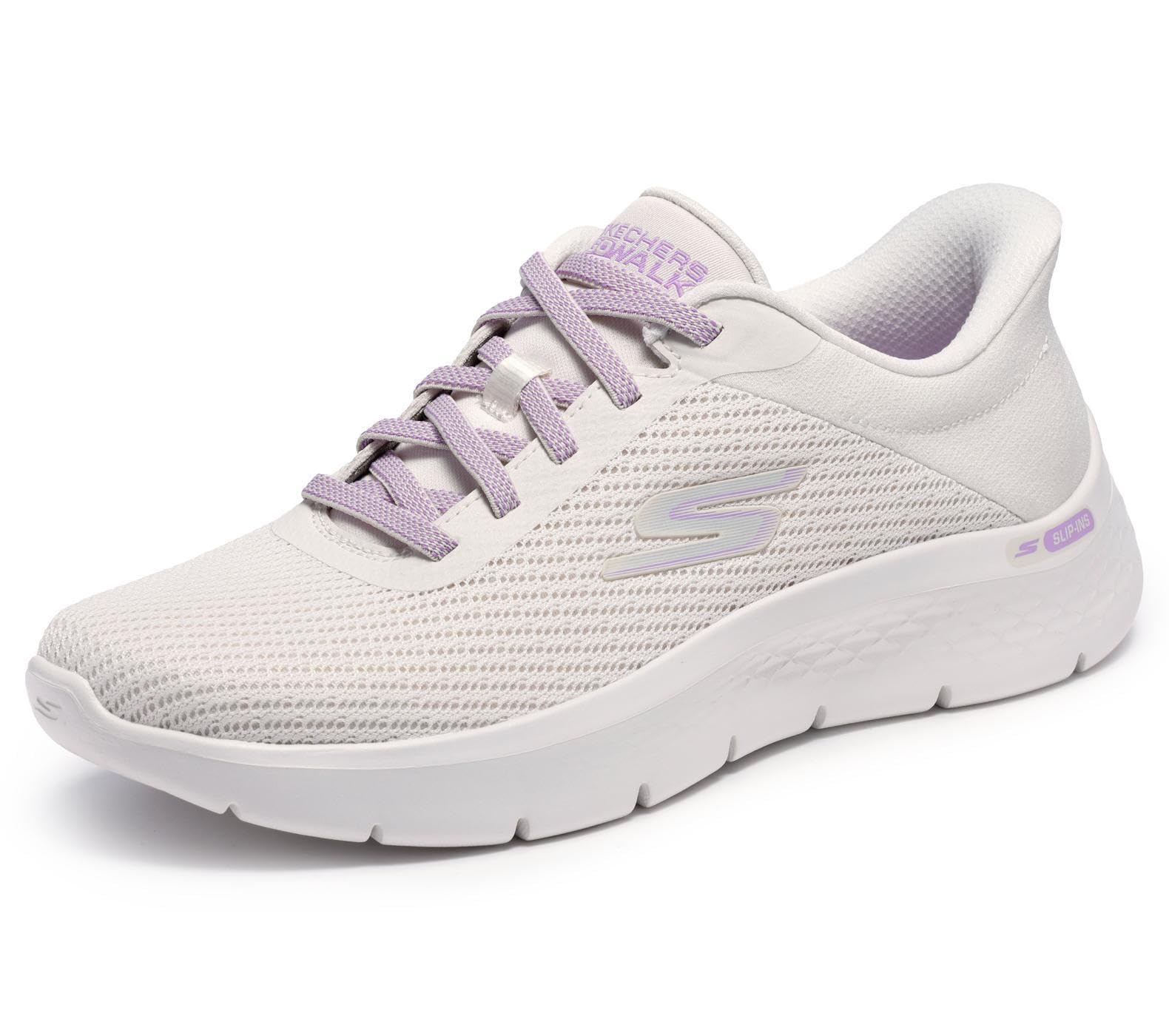 Skechers Women's Go Walk Flex Carla Trainers, Off White Textile/Purple Trim, 7.5 UK