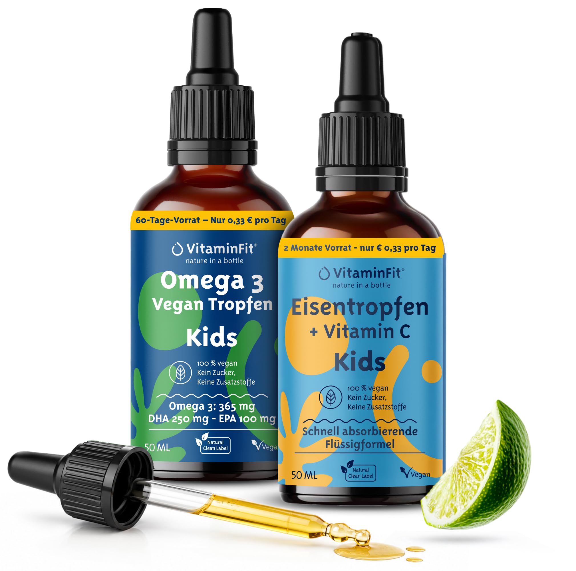 Omega-3 Tropfen Vegan für Kinder & Eisen-Tropfen für Kinder