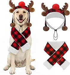 SCENEREAL Roupa de Natal para cães – Conjunto de fantasias de chapéu de alce e cachecol de búfalo para cães pequenos, médios e grandes, roupas engraçadas para animais de estimação, roupas de Natal