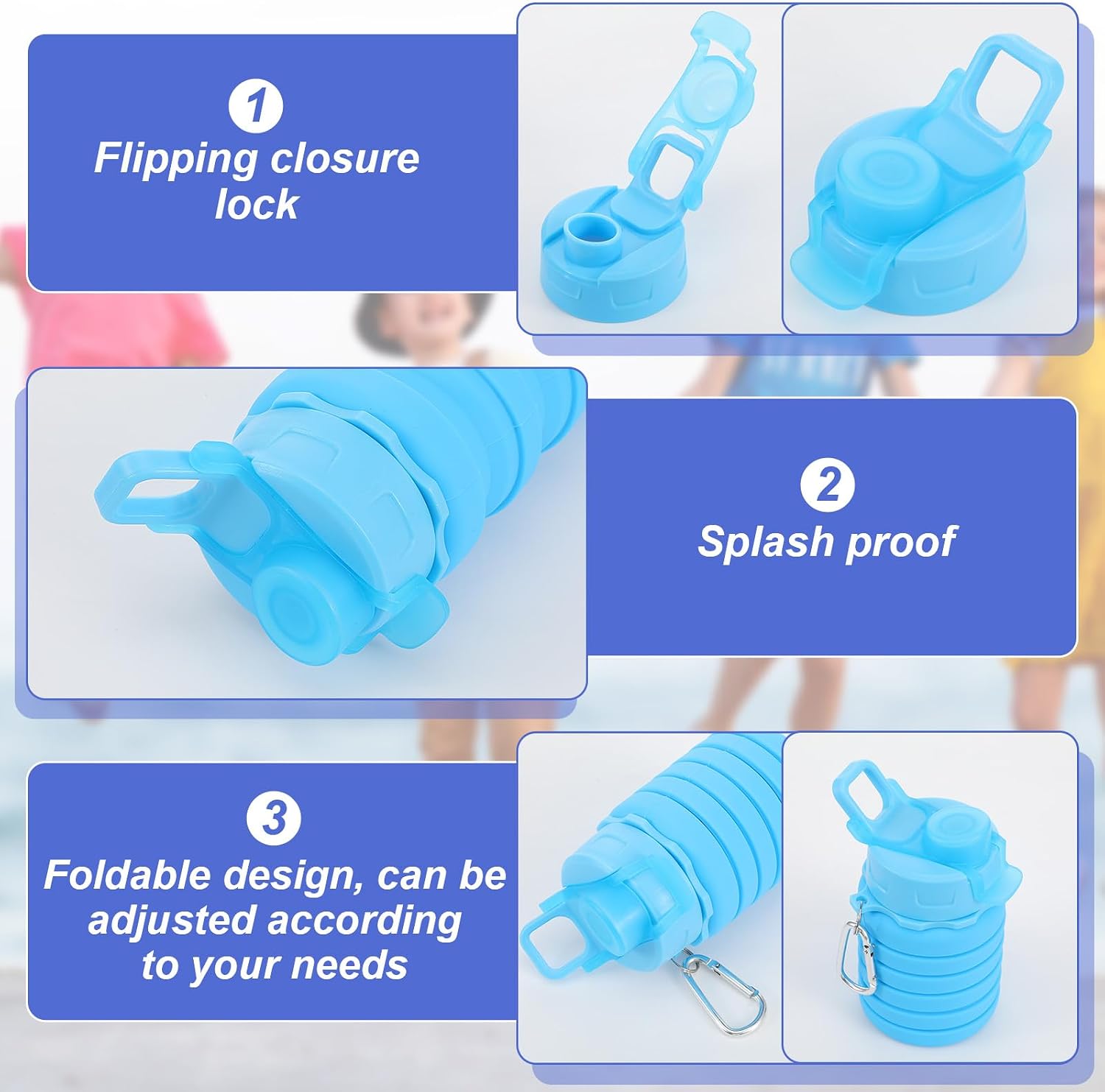 5 Pack Foldable Water Bottles, 16 oz Silicone Reusable Foldable Water Bottle, Portable Leak Proof Travel Sports Bottle with Metal Clip for Camping Hiking Gym, Colorful