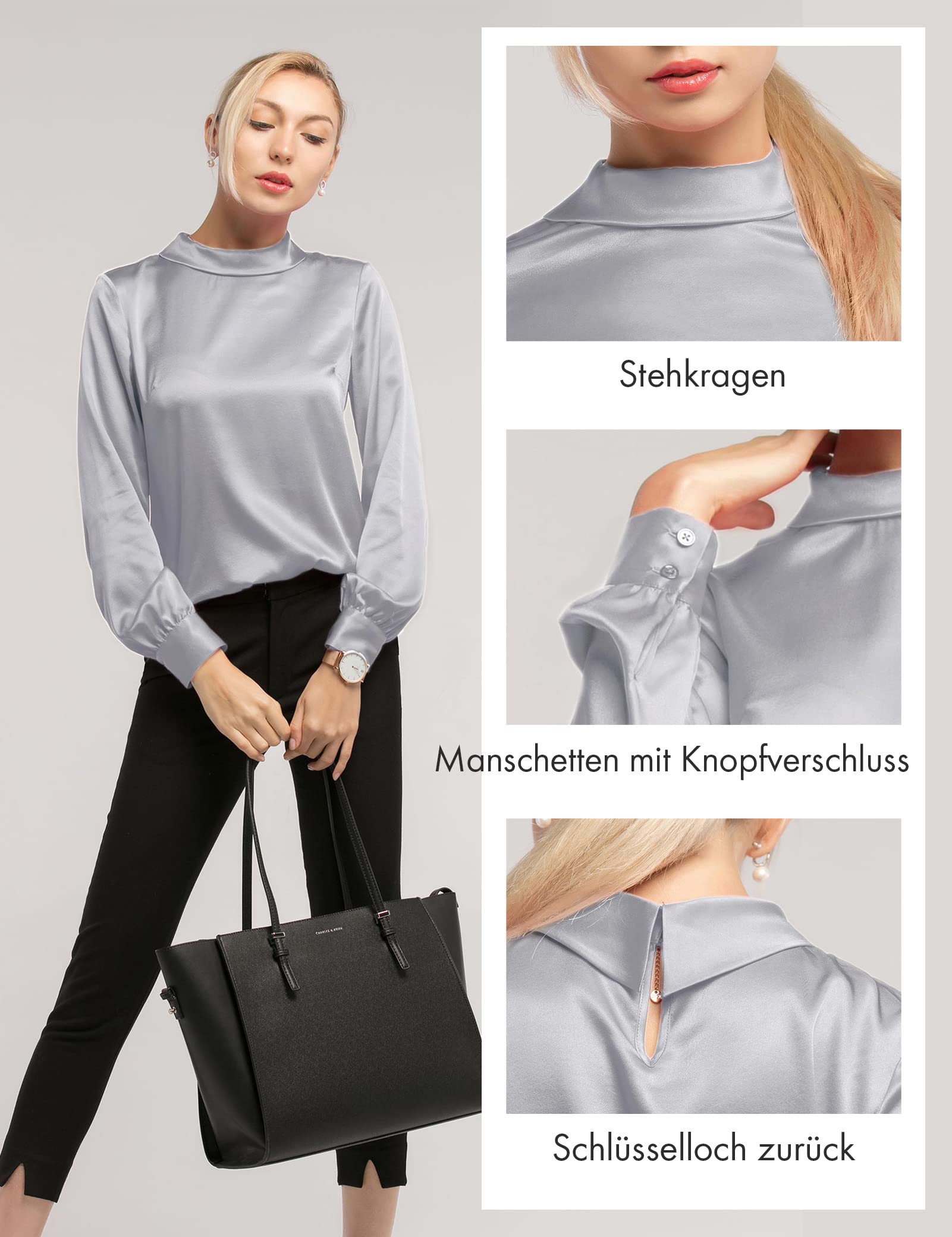 LilySilk Frauen Seidenbluse Damenhemd Stehkragen Langarmshirt Schlichte Damenbluse für Arbeit oder Freizeit