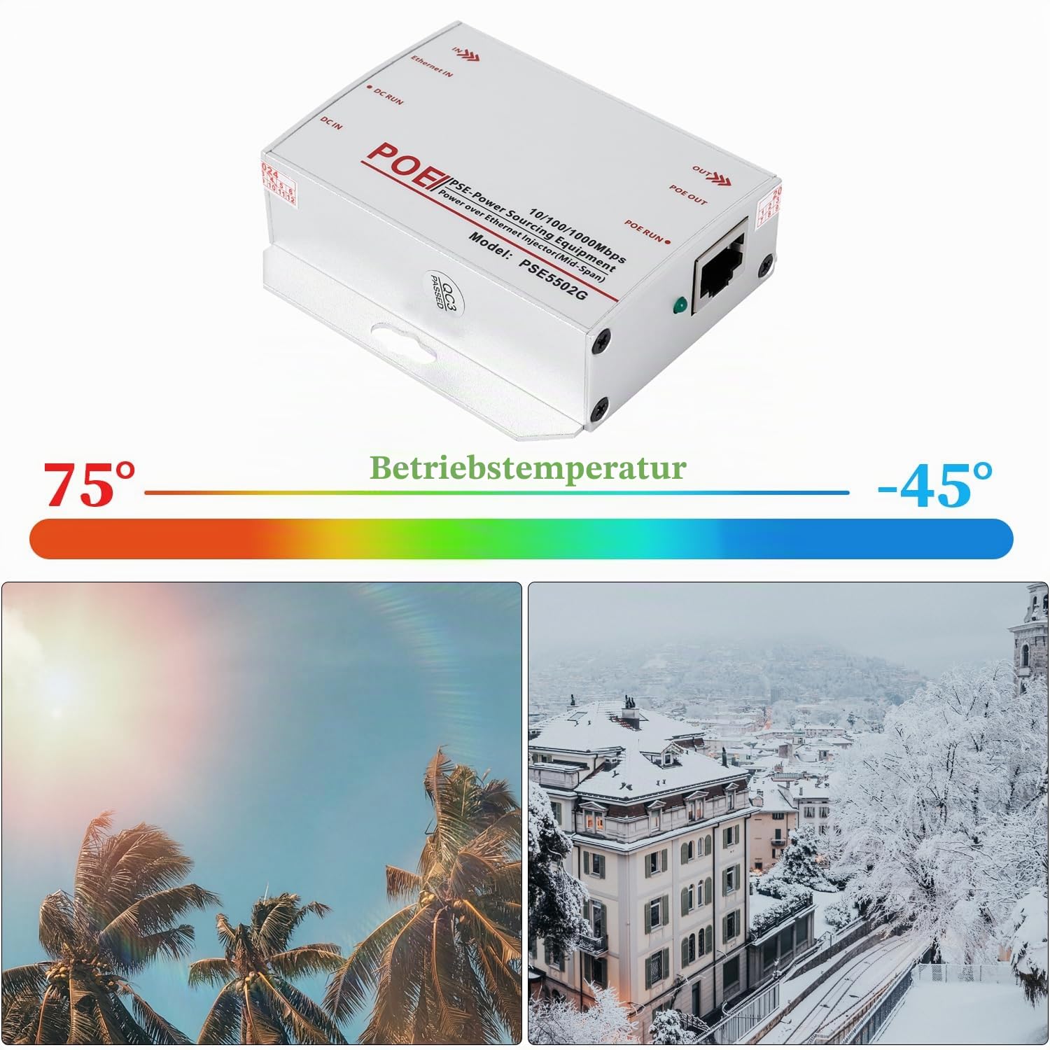 Gigabit Industrial 30W PoE+ Injektor, konvertiert Niederspannung DC 12-48V Eingang in 48V PoE Ausgang, IEEE802.3af/at, DIN-Schiene & Wandmontage Injektor für verschiedene Szenarien (PSE5502G)
