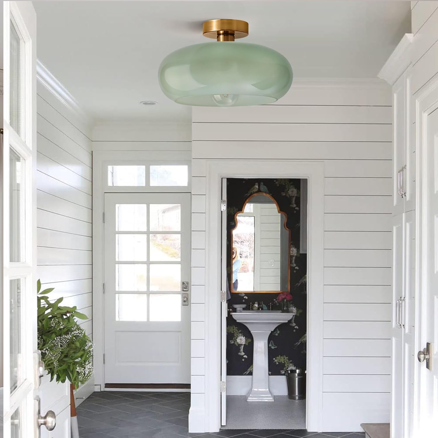 Mid-Century Modern Semi Flush Mount Ceiling Light, Kitchen Ceiling Light Fixture with Glass Shade,Vintage Close to Ceiling Lamp for Entryway Hallway Bathroom(Green lampshade-Golden lamp holder)