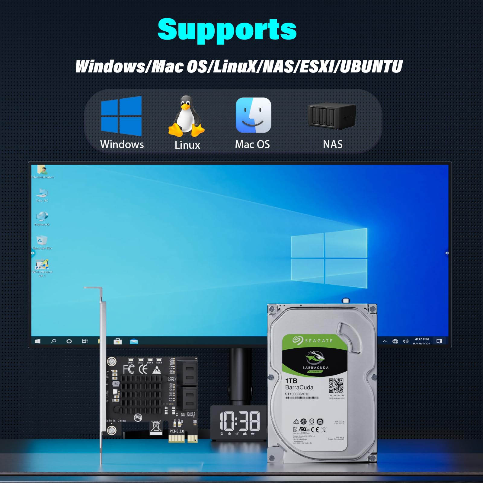 4-portowa karta rozszerzeń PCIe 3.0 na SATA III, adapter ASM1064 Chip 6 Gb/s, obsługuje SSD/HDD, Plug and Play, kompatybilna z Windows/Linux/macOS/NAS (w tym 4 kable SATA)