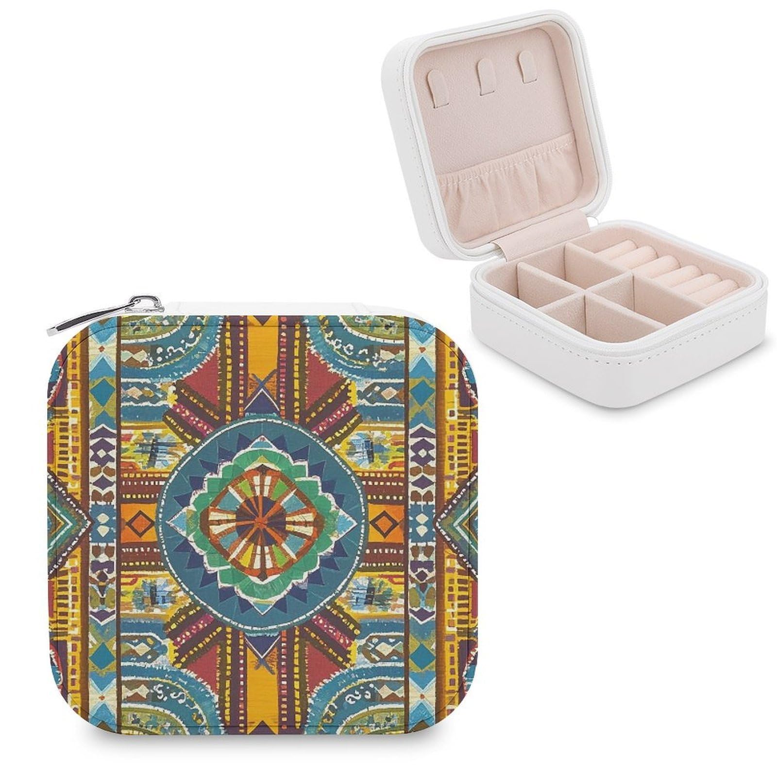 FekiLoot African Style Textile Pattern Jewelry Case Personalized Leather Jewelry Box Mini Travel Jewelry Case Small Portable Jewelry Organizer for Ring Earrings Necklace Bracelet