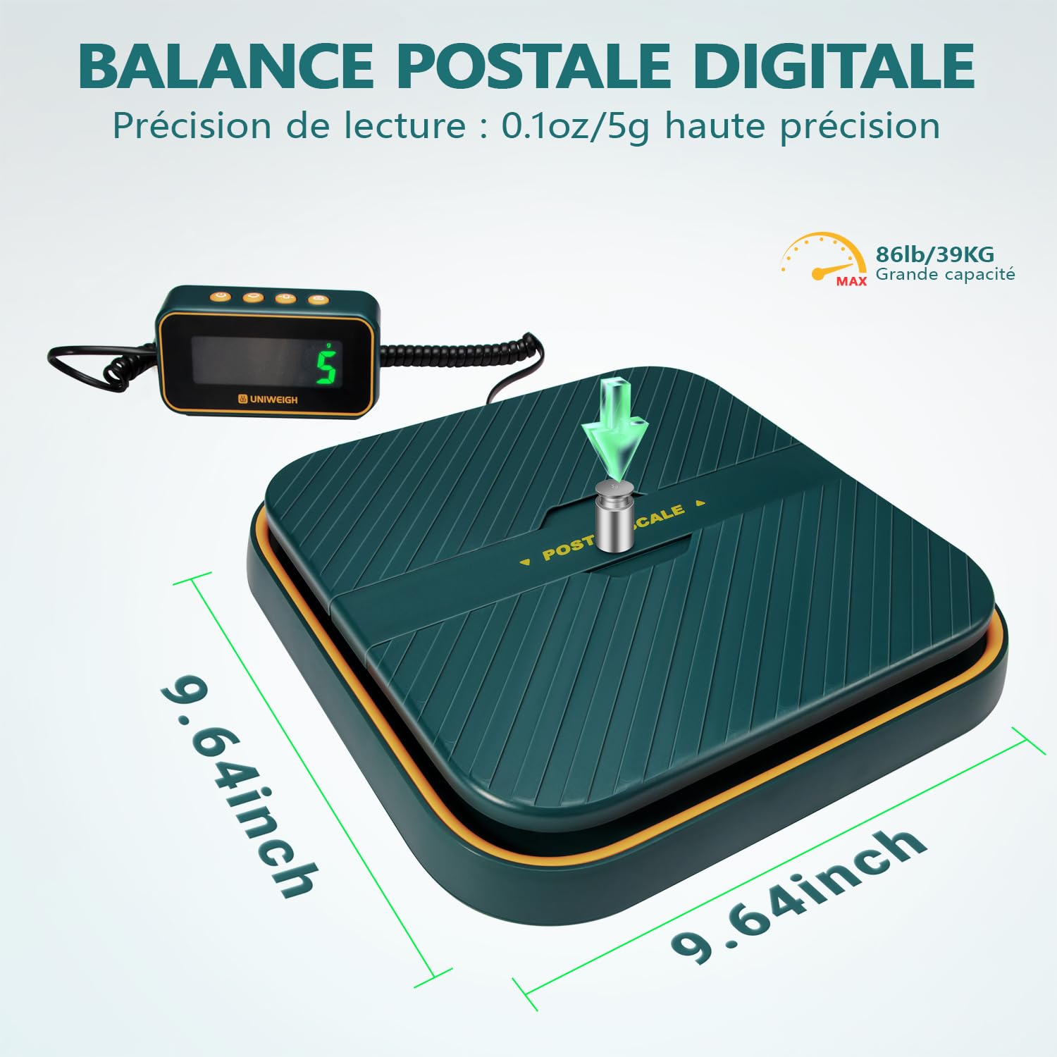 UNIWEIGH Balance Postale Numérique 86lb/0.1oz avec Fonction de Maintien et Tare, Support Pliable