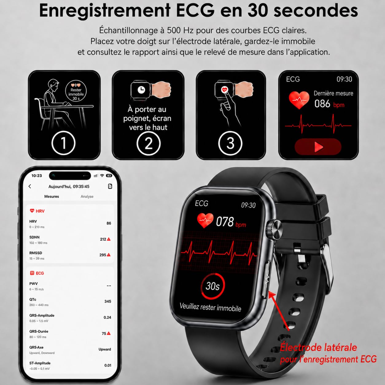 Montre connectée pour homme et femme avec ECG/HRV/IMC, montre de santé AMOLED de 1,95" avec fonction téléphone, appel d'urgence, étanche IP68, compatible Android et iOS, noir