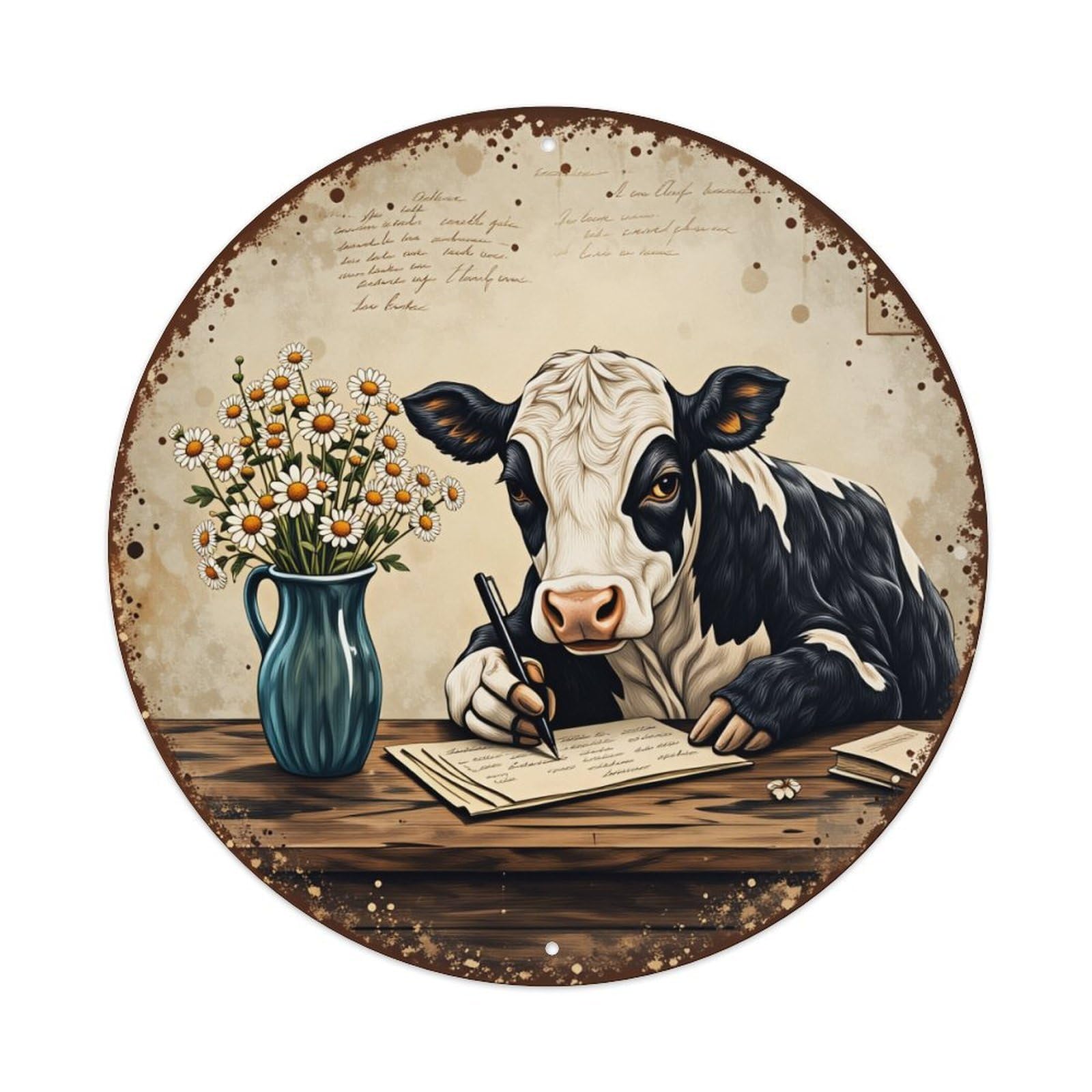Cow Writing With Flowers Round Tin Sign Vintage Style Metal Sign Home Bar Garden Wall Plaque Decor Metal Poster 8x8 Inch