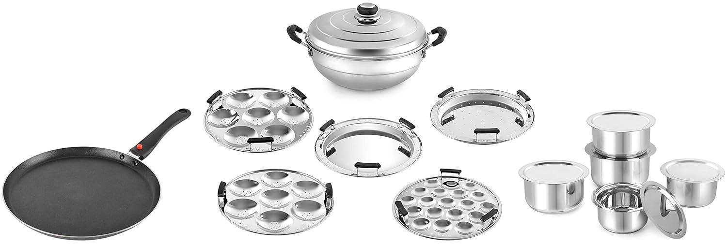 Cello Idli Cooker and Multi Kadhai, 6 Plates, Silver&Cello Dosa Tawa