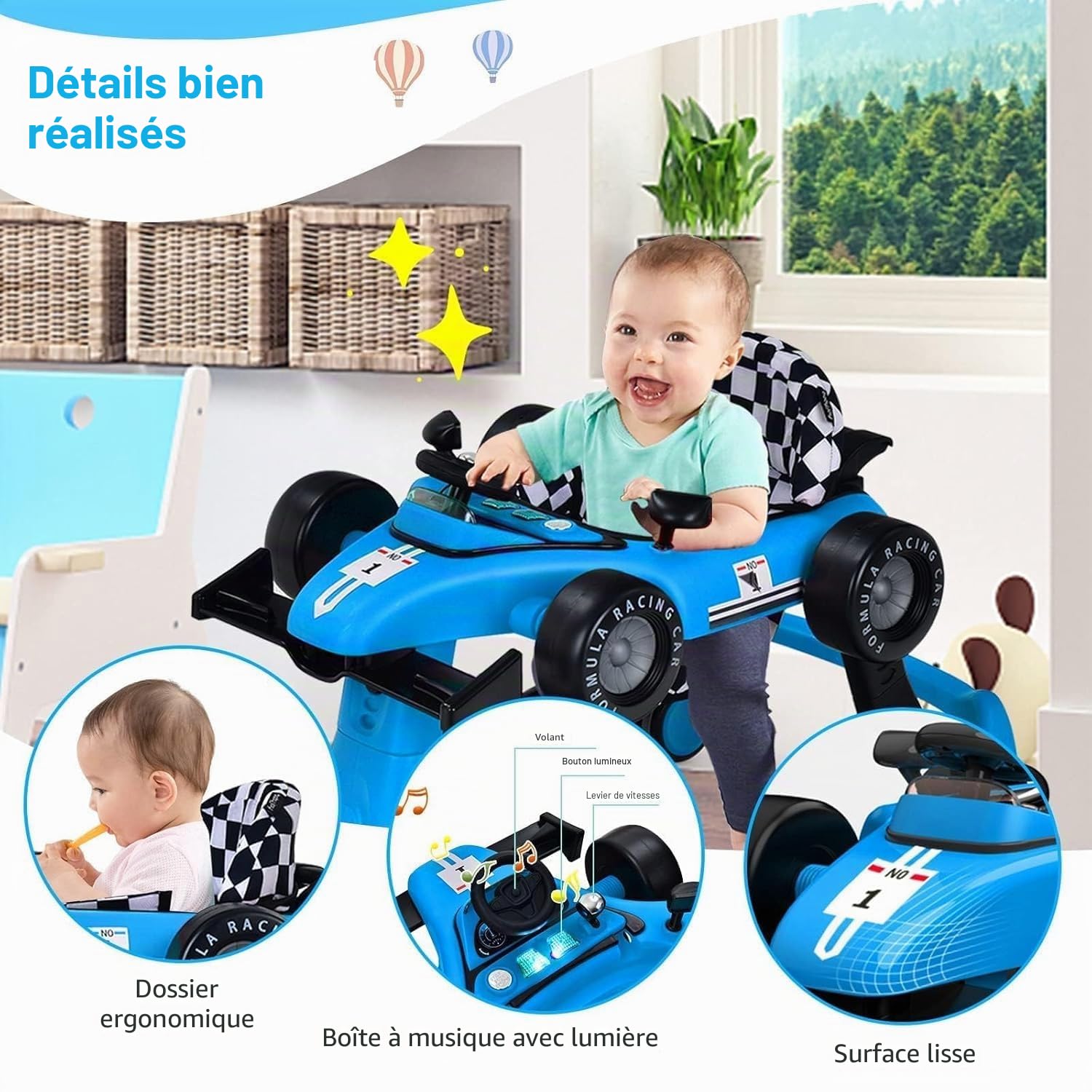 FANTASK Trotteur 4 en 1 pliable avec hauteur et vitesse réglables, en forme de voiture pour bébé, avec boîte à musique, lumières et roues, bleu