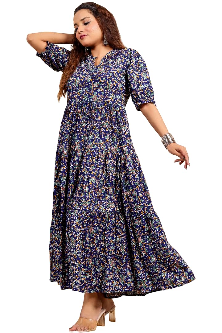presha Women's Fit and Flare Pure Cotton Long Maxi Dress (SP-29 Blue06)-picture-54