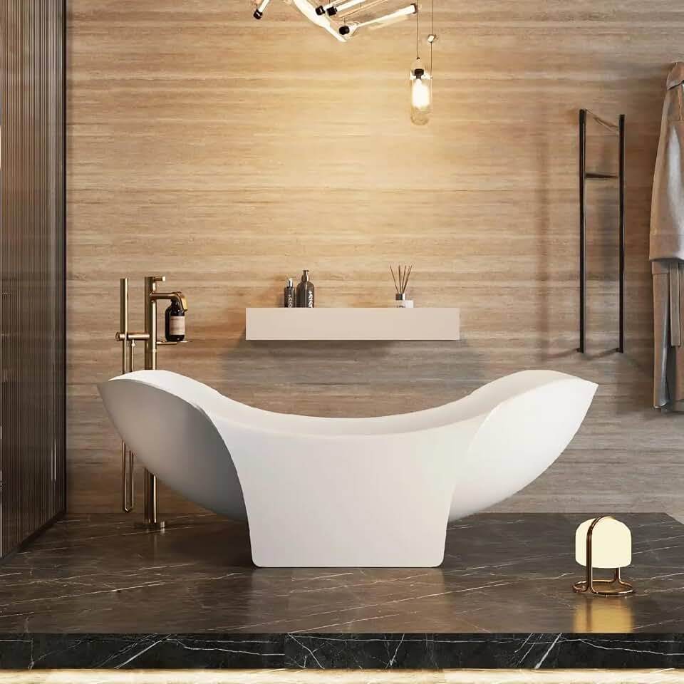 Freestanding Bathtubs - 67IN Innovative Bathtub with Petal Curve Design, Modern Bathroom Bath Tub with High-Backrest for Bathroom, White