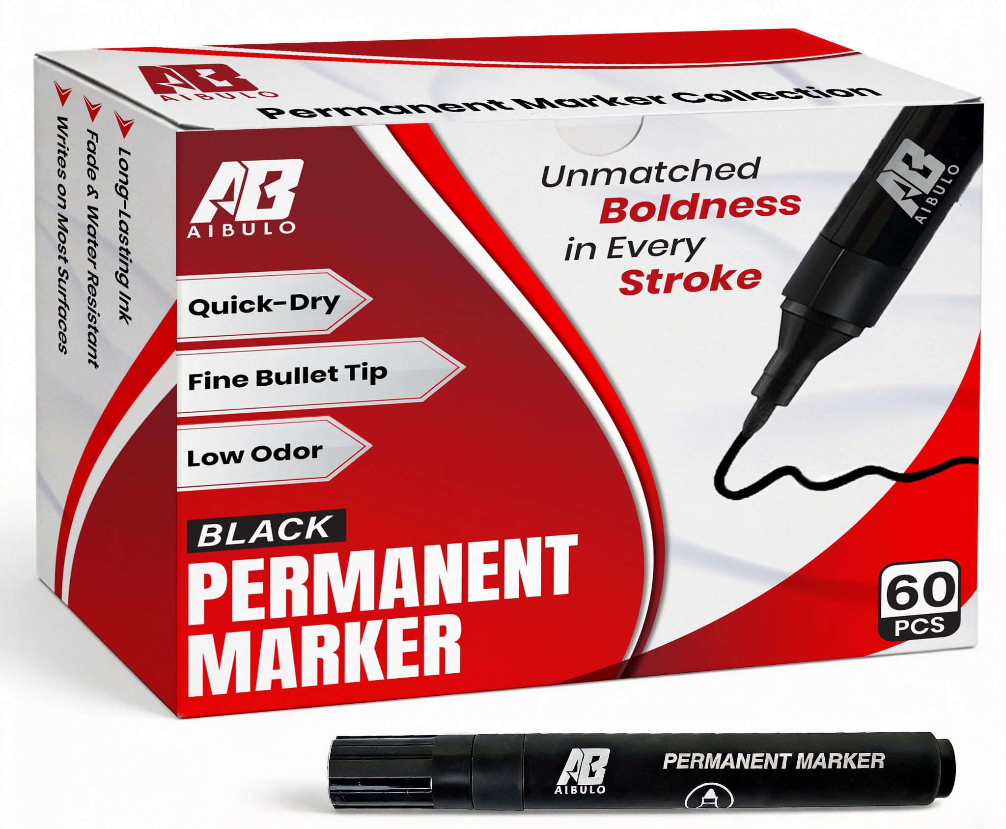 AIBULO 60 Pack Black Permanent Marker Pens – Fine Bullet Tip, Waterproof & Fade-Resistant Ink for Writing, Labeling & Drawing on Plastic, Metal, Glass, Cardboard & More
