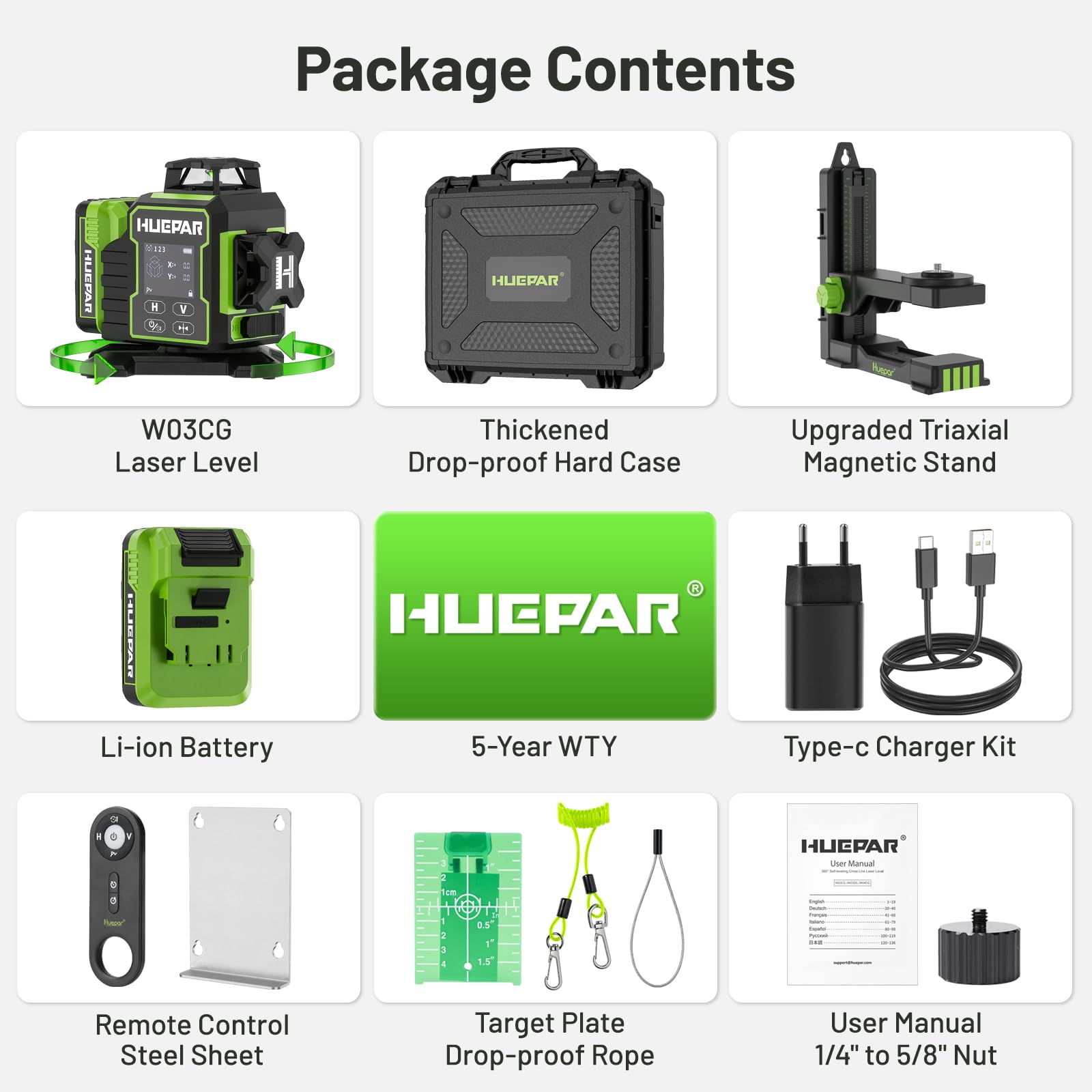 Huepar 3x360°Livella Laser Autolivellante con Bluetooth,12 Linee Verde Livello Laser dotato Base Rotante Elettrica,Grande Schermo LCD, Batterie Ricaricabili,Custodia Rigida e Telecomando-W03CG