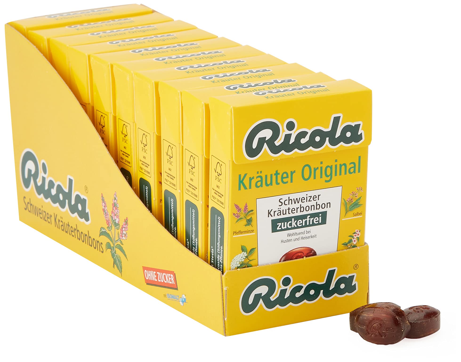 Ricola Apfelminze, Schweizer Kräuterbonbon, 10 x 50g Böxli, ohne Zucker, Wohltuend und erfrischender Genuss & Kräuter Original, Schweizer Kräuterbonbon, 10 x 50g Böxli