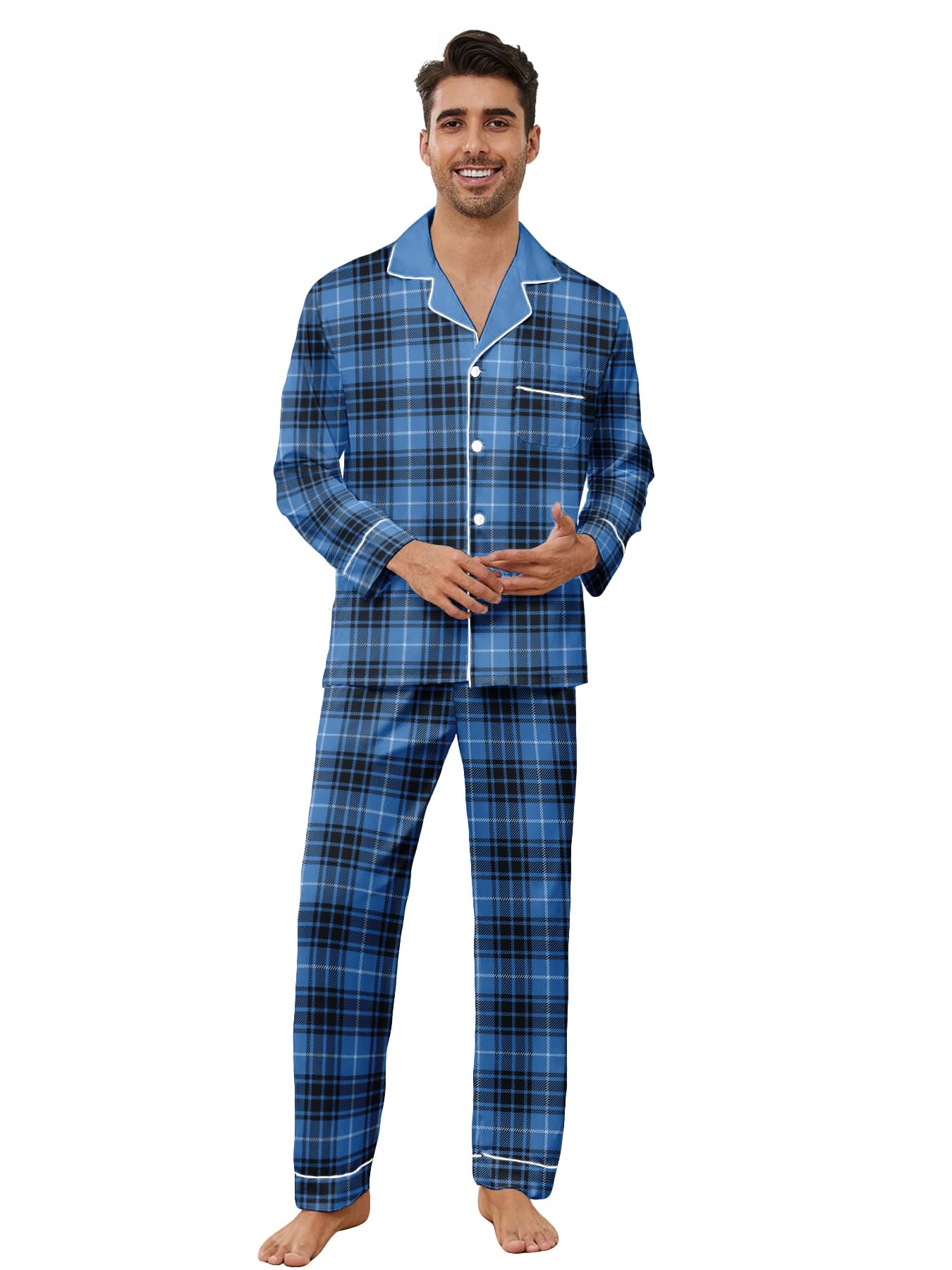 Mens Plaid Button Front Flannel Pajamas Set Cotton Pjs Warm Soft Lounge 2 Pieces Sleepwear Top with Pockets & Pj Pants