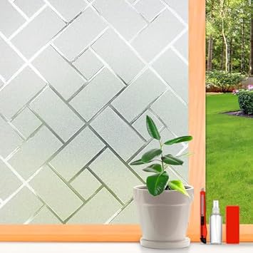 Frosted Glass Window Film Sun Blocking Window Tinting Film for Home, Static Clings Removable Frosting Bathroom Door Window Covering, 11.8 Inchx 78 Inch, White-Grid