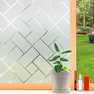 Frosted Glass Window Film Sun Blocking Window Tinting Film for Home, Static Clings Removable Frosting Bathroom Door Window Covering, 11.8 Inchx 157.4 Inch, White-Grid