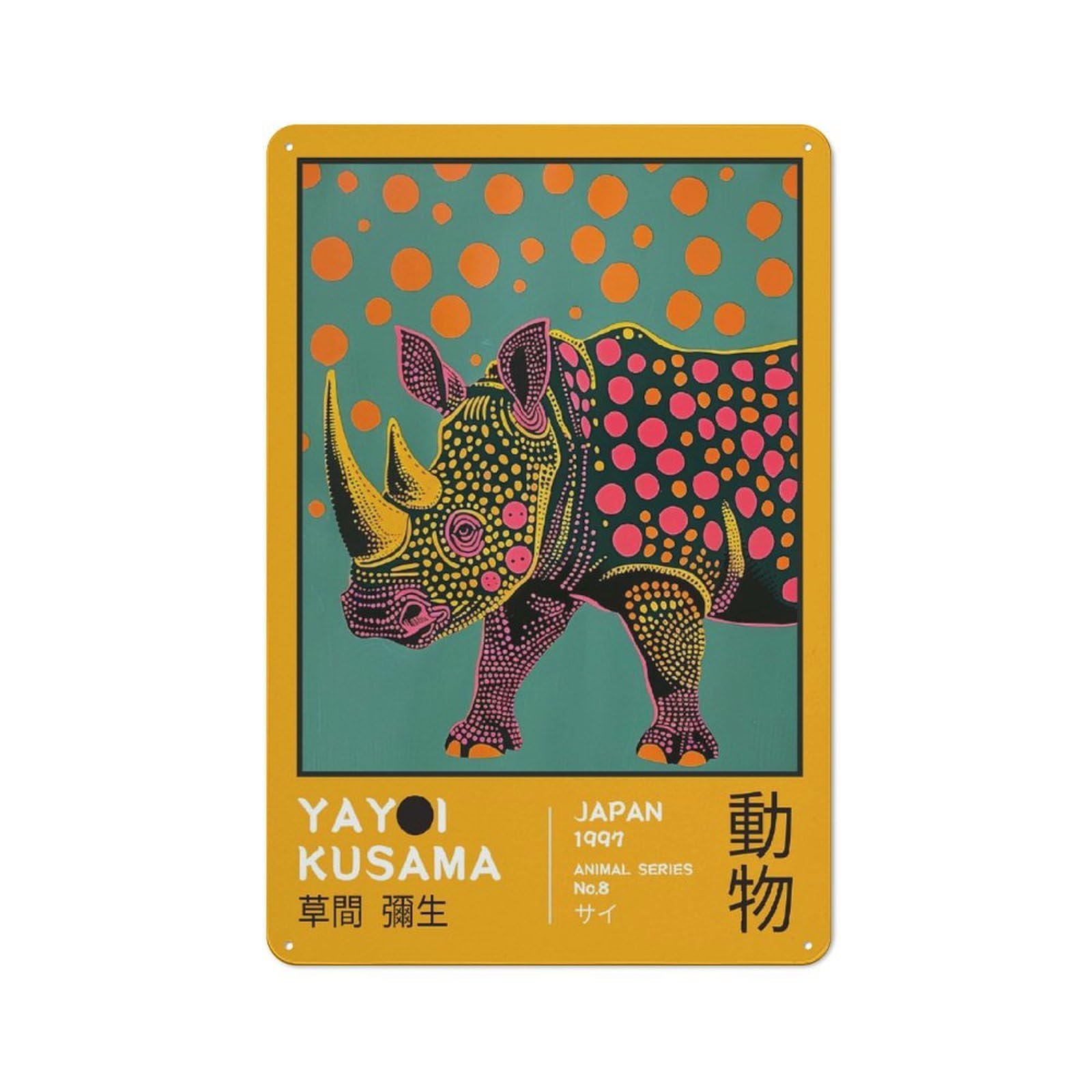 Junmoney Style Metal Wall Art Sign With Yayoi Kusama Rhino No.8 Exhibiton Poster Design 30X20cm, Vintage Vintage Wall Decor For Living Room, Hallway, Kitchen Or Cafe