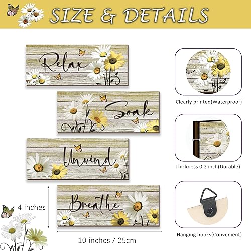 Miniatura 4 de ZINYAZHE 4 piezas de decoración de pared de baño amarillas de margaritas amarillas y mariposas amarillas, arte de pared amarillo para relajarse,