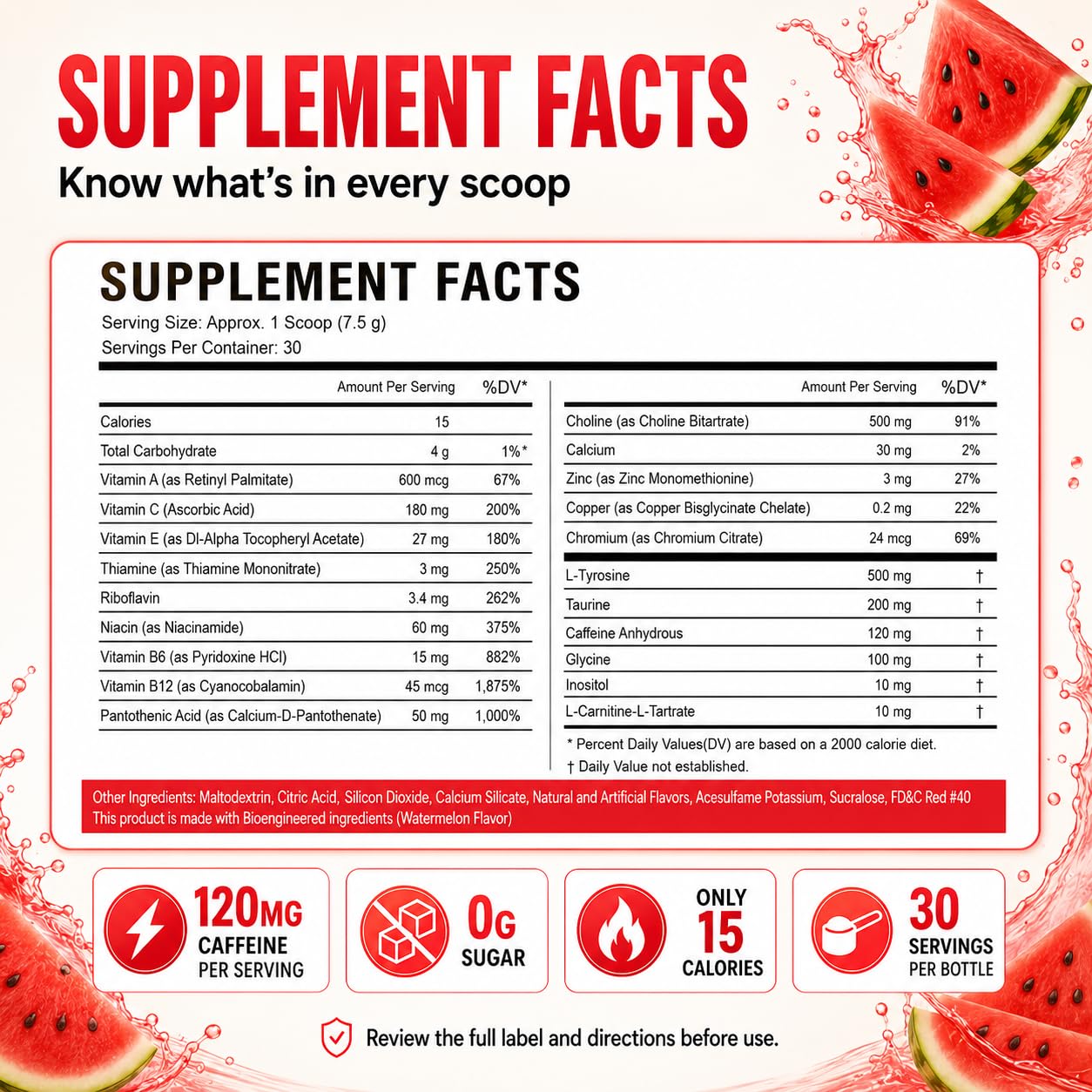 Sugar Free Energy Drink Powder - 18 Vitamins & Minerals - Watermelon Flavor — Amazon image 2