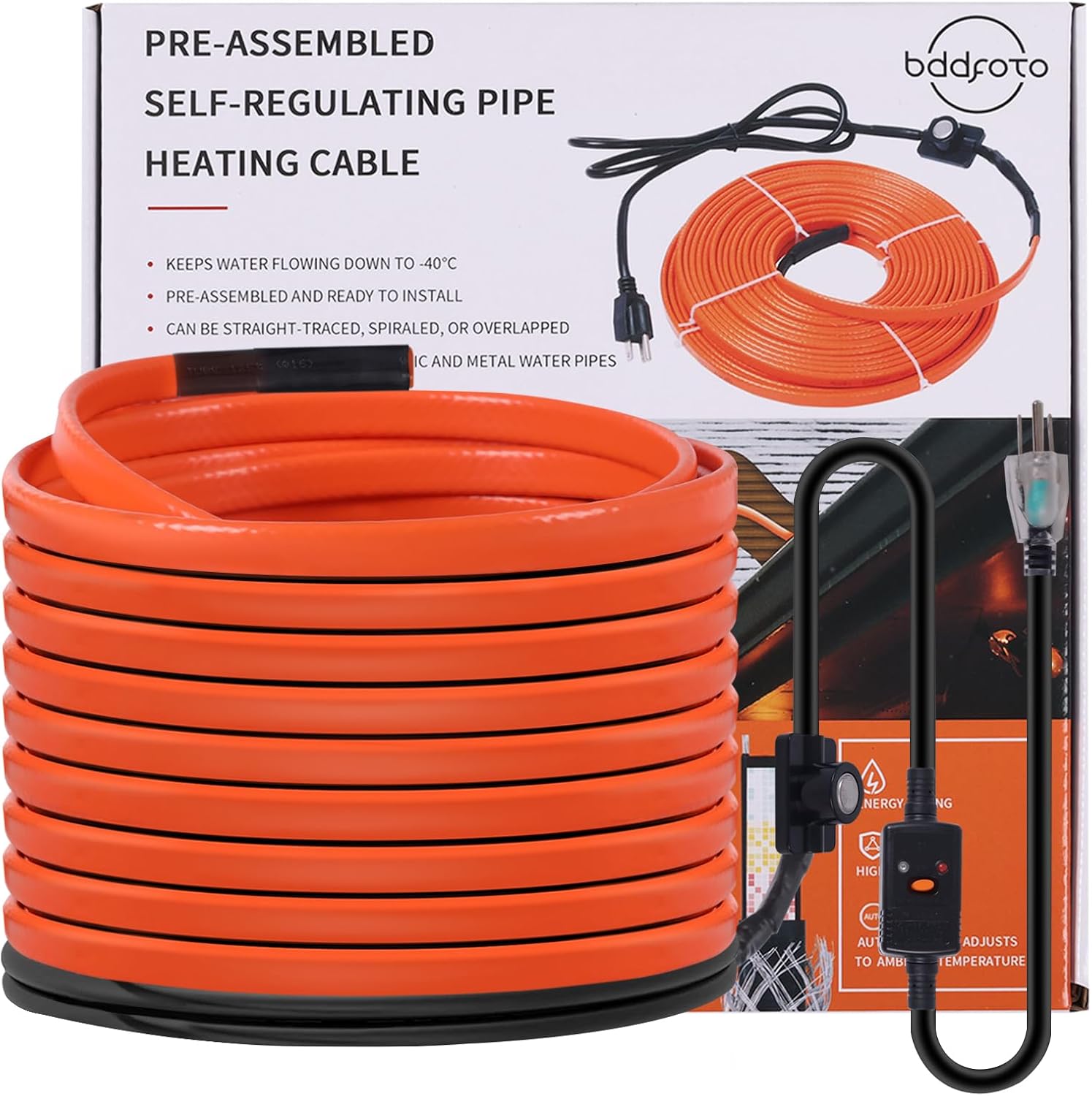 40FT Heat Tape for Water Pipes Freeze Protection IP65 Waterproof 8W/FT 110V BDDFOTO Heat Cable With GFCI Protection and Thermostat,Self-Regulating Pipe Heater for Roof/RV/Water Storage Tank