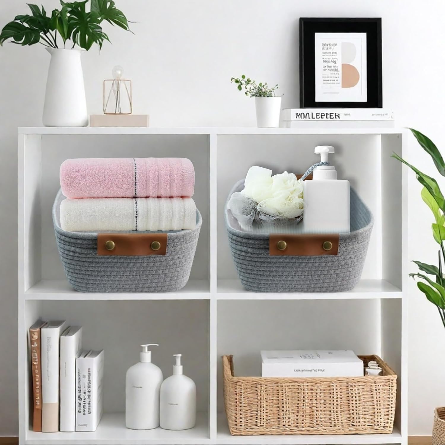 Cotton Rope Storage Basket with Leather Handles – 13.8×9.8×5.1 Inches, 2-Pack.Woven Decorative Bin for Home, Office, Baby Nursery, Living Room (Brown)